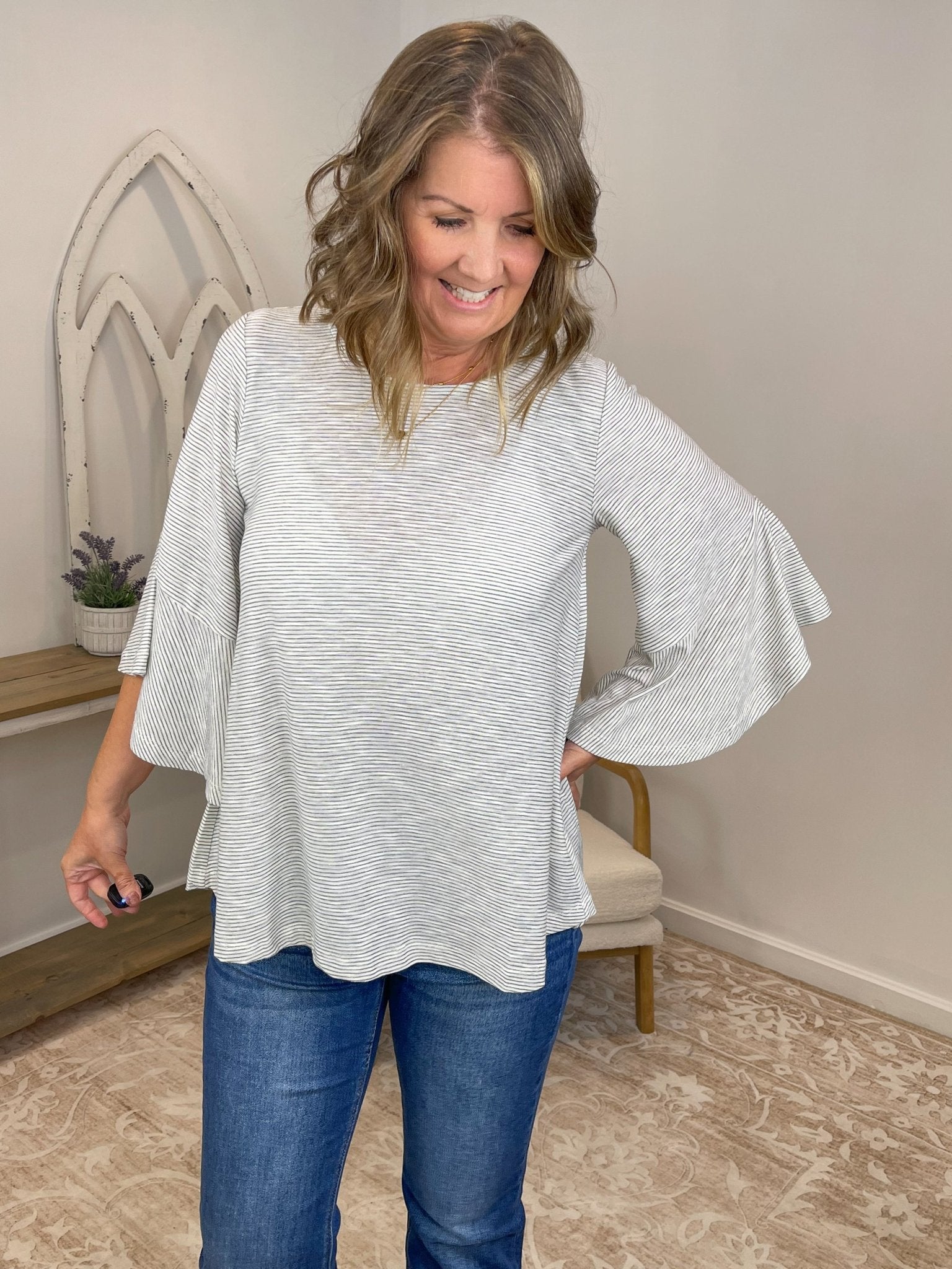 3/4 Bell Sleeve Stripe Ruffle Blouse — White & Black - Lavender HillsMystree16013-S