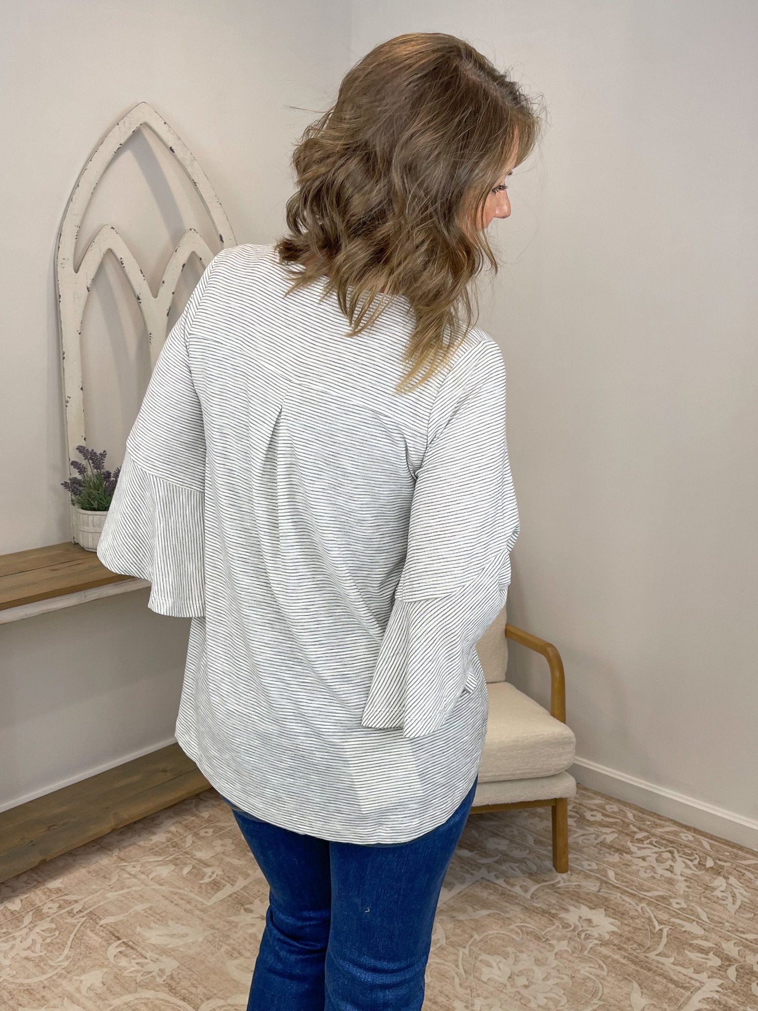 3/4 Bell Sleeve Stripe Ruffle Blouse — White & Black - Lavender HillsMystree16013-S
