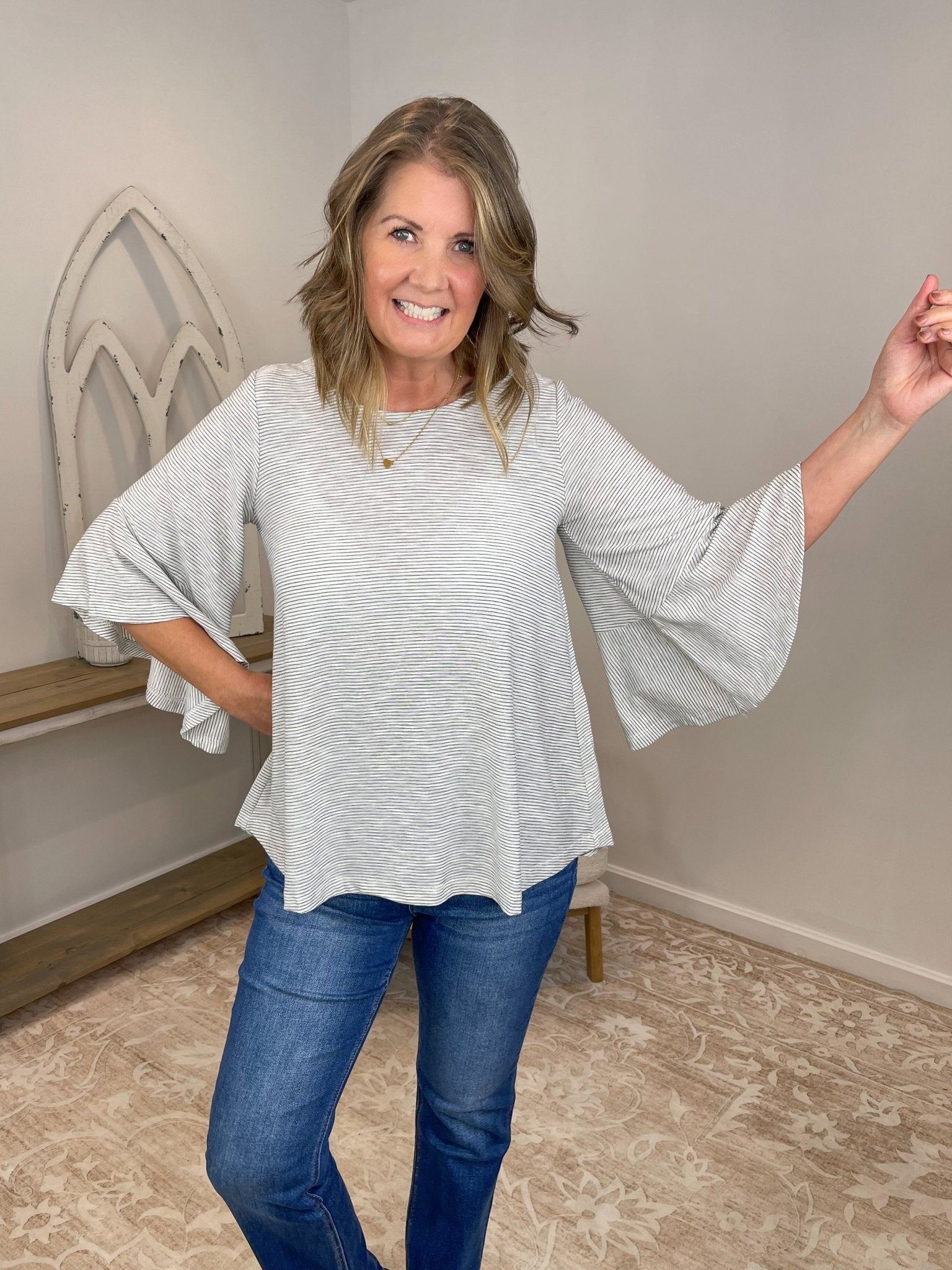 3/4 Bell Sleeve Stripe Ruffle Blouse — White & Black - Lavender HillsMystree16013-S