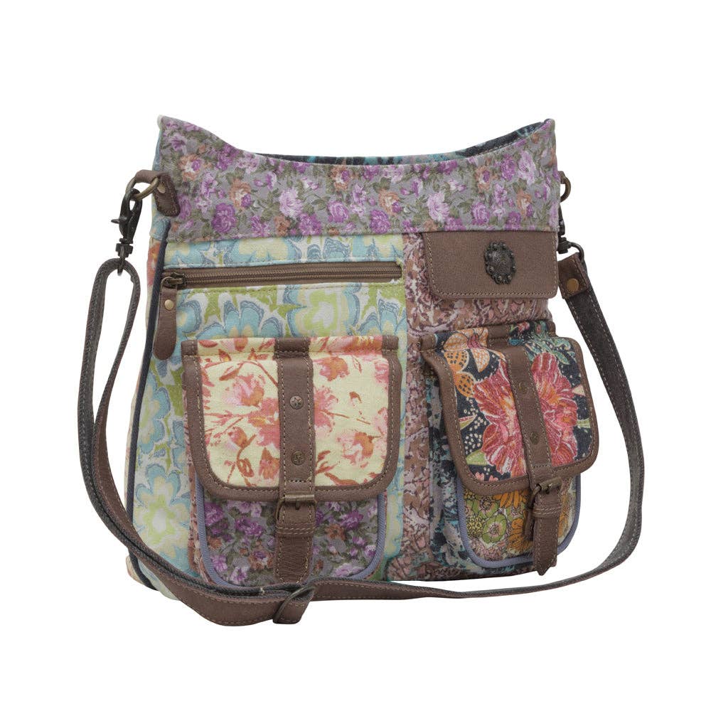 Le Fleur Bel | Boho Floral Patchwork Canvas & Leather Shoulder Bag - Lavender HillsMyra BagS-6395