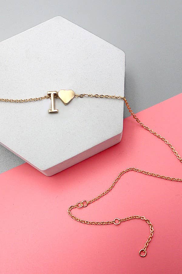 Monogram Initial with Heart Charm Brass Necklace - Lavender Hills BeautyJOSSLYN by wall to wall80N150-I