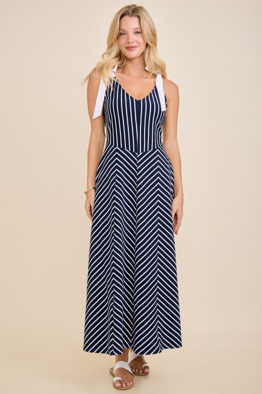 Navy & White Modern Striped Tie - Shoulder A - Line Midi Dress - Lavender Hills BeautyMain StripLD53103-NVY-S