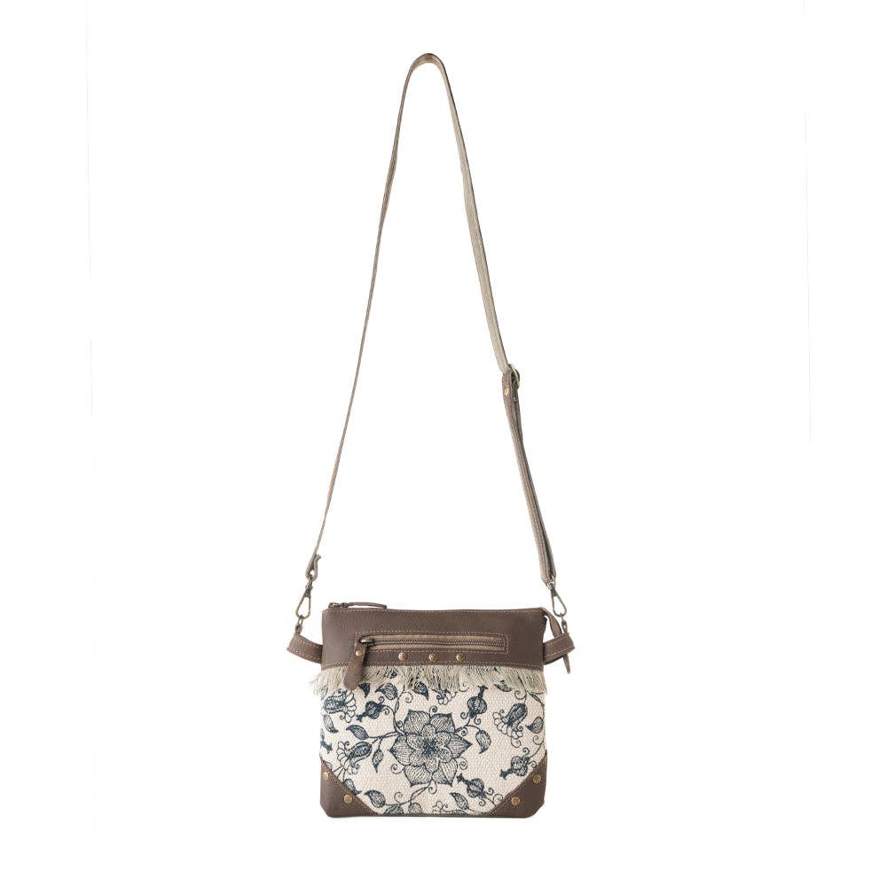 Inkwild Vintage Western Crossbody Bag: Ivory Canvas & Leather Fringe - Lavender HillsMyra BagS-14795