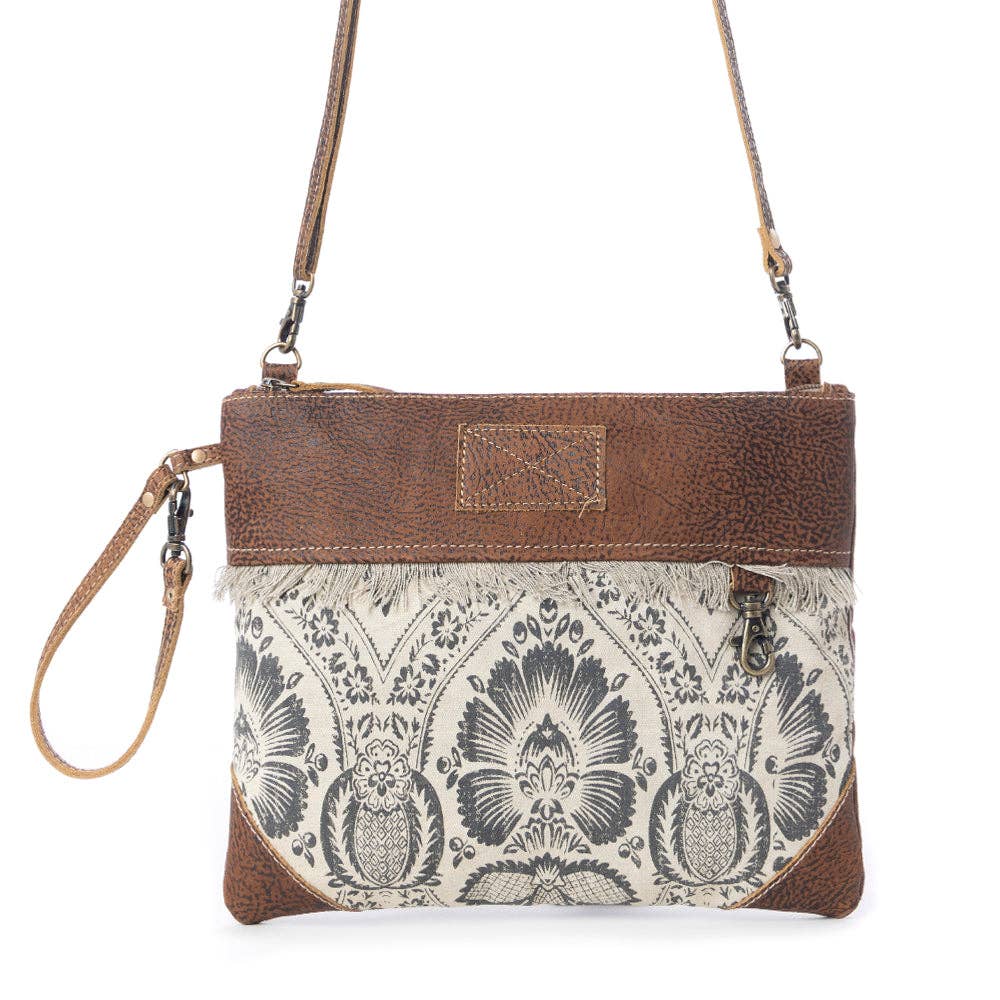 Vintage Floral Canvas & Leather Crossbody Wristlet Bag - Lavender HillsMyra BagS-2576