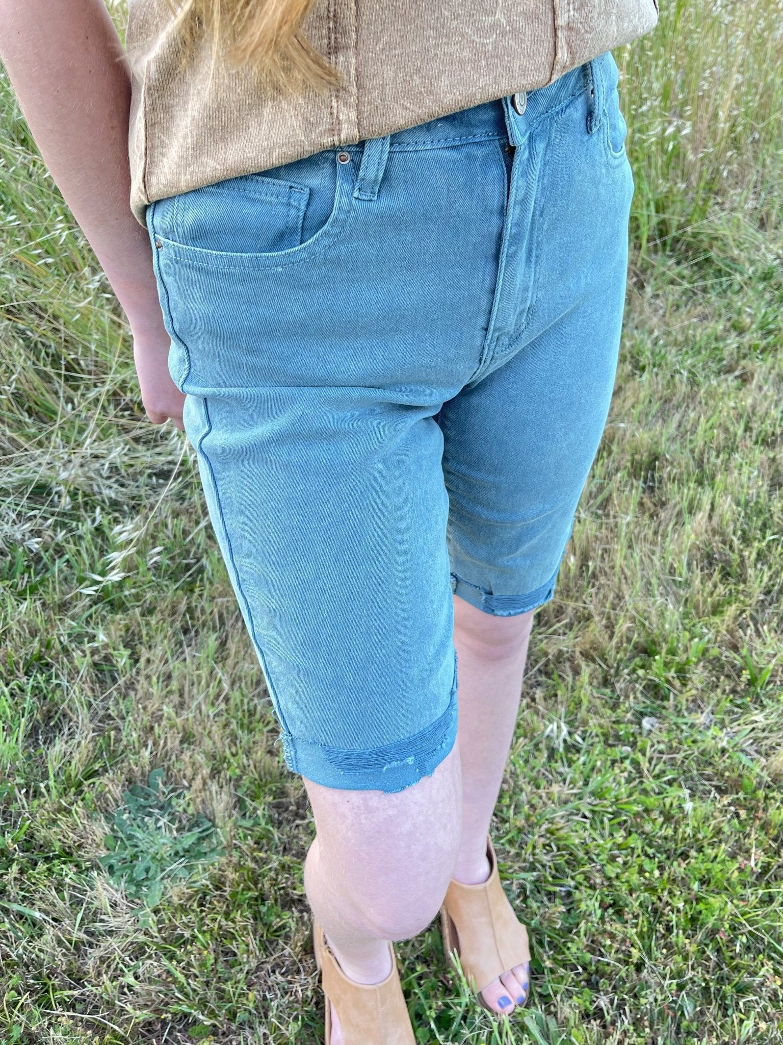 Ash Teal High - Rise Bermuda Rolled Hem Denim Shorts - Lavender HillsZenanaDMP-1892Y-1