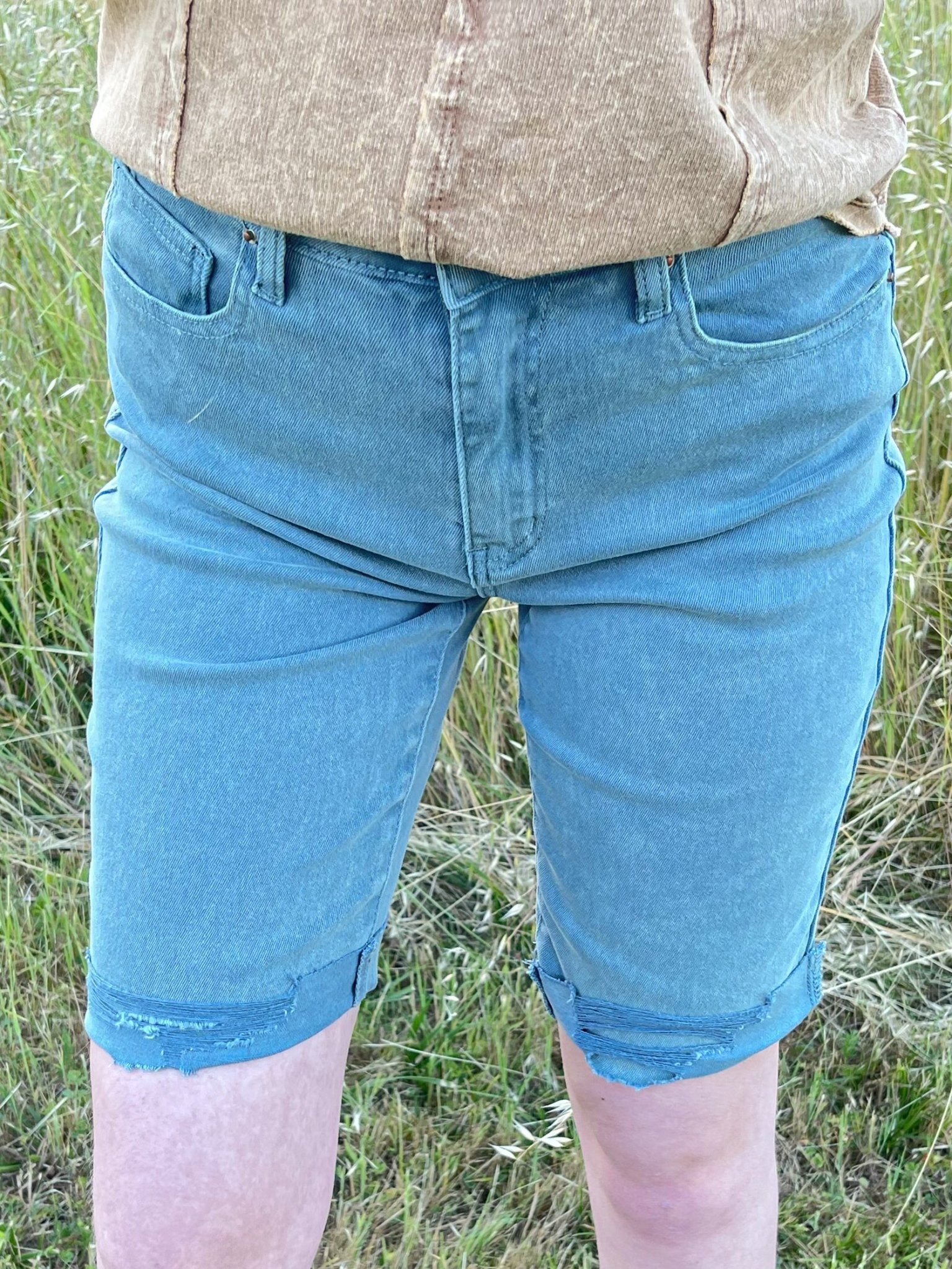Ash Teal High - Rise Bermuda Rolled Hem Denim Shorts - Lavender HillsZenanaDMP-1892Y-1