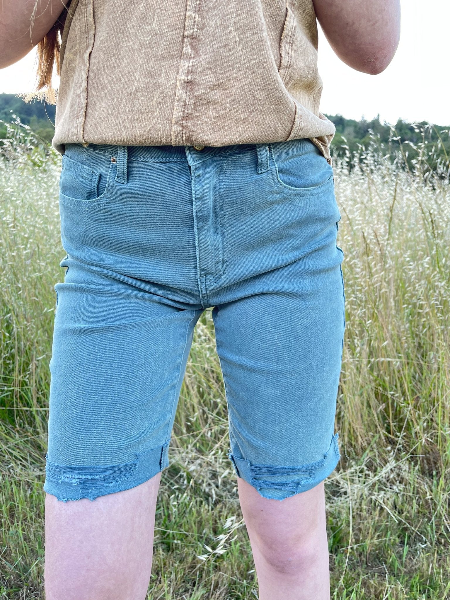 Ash Teal High - Rise Bermuda Rolled Hem Denim Shorts - Lavender HillsZenanaDMP-1892Y-1