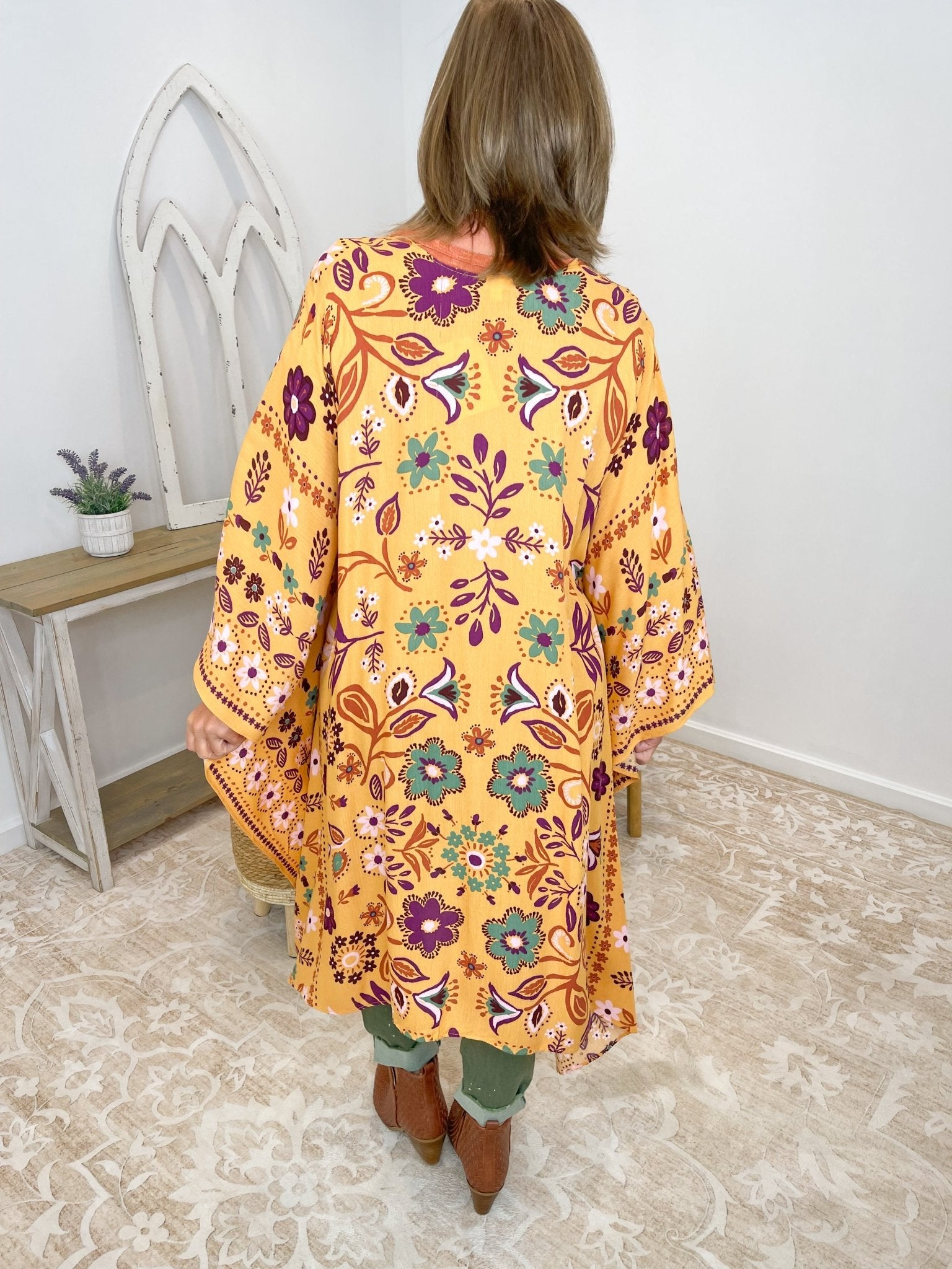 Autumn Mustard Floral Scarf Print Boho Kimono