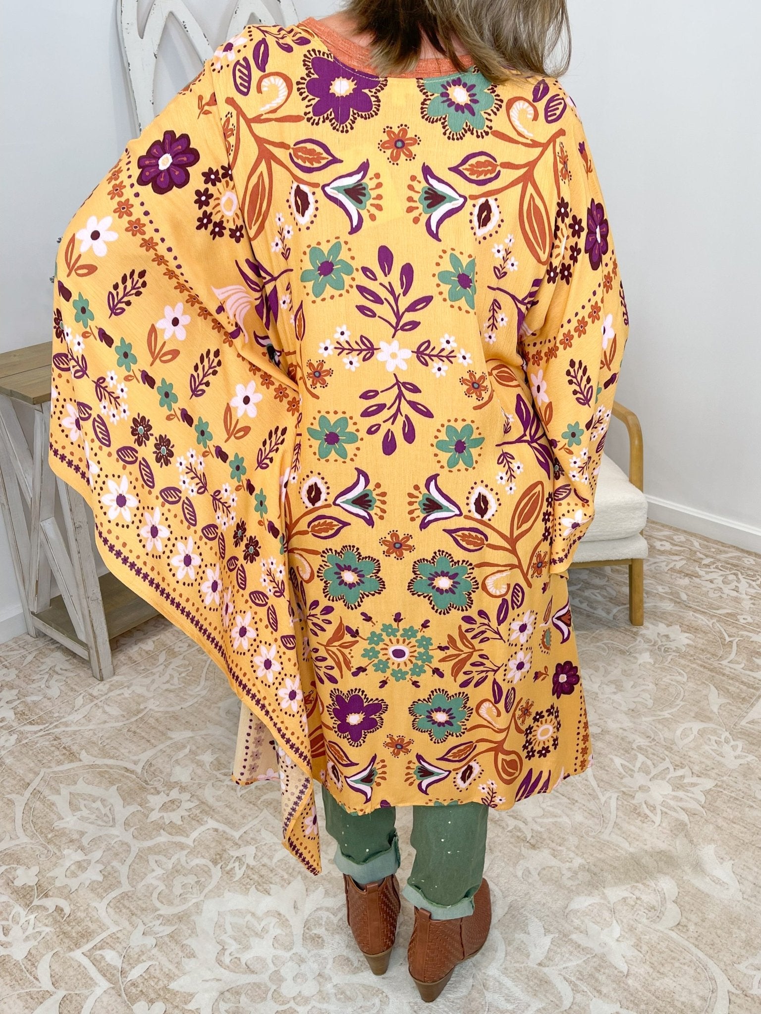 Autumn Mustard Floral Scarf Print Boho Kimono
