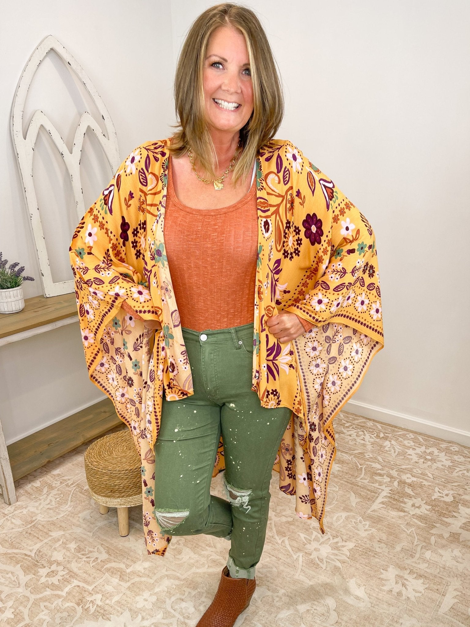 Autumn Mustard Floral Scarf Print Boho Kimono