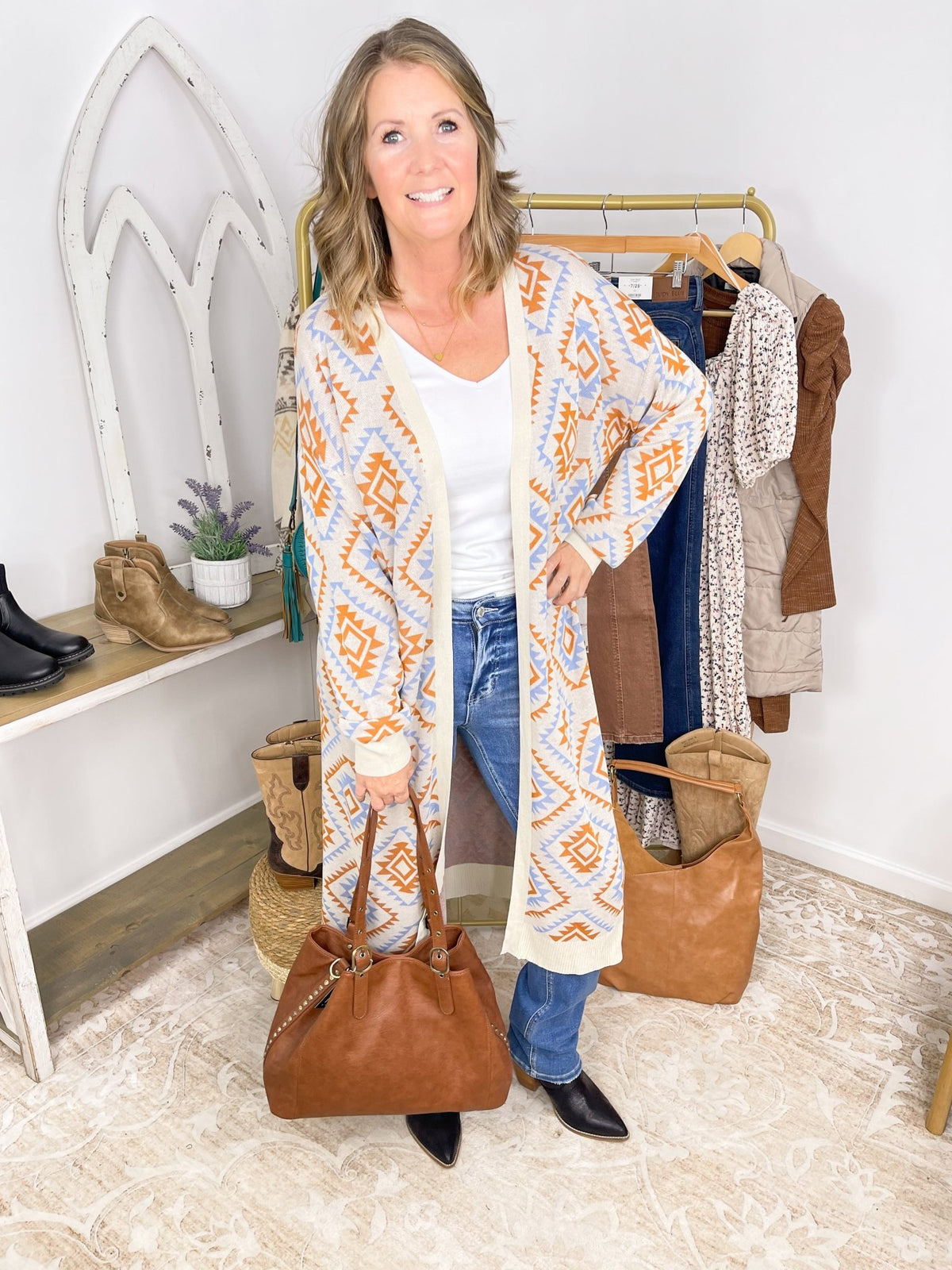 Boho Aztec Print Long Duster Cardigan Sweater - Lavender HillsFirst LoveIT1377-S