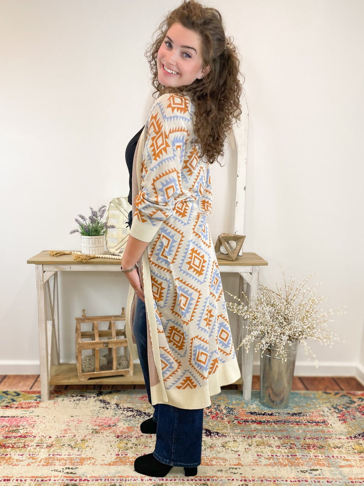 Boho Aztec Print Long Duster Cardigan Sweater - Lavender HillsFirst LoveIT1377-S