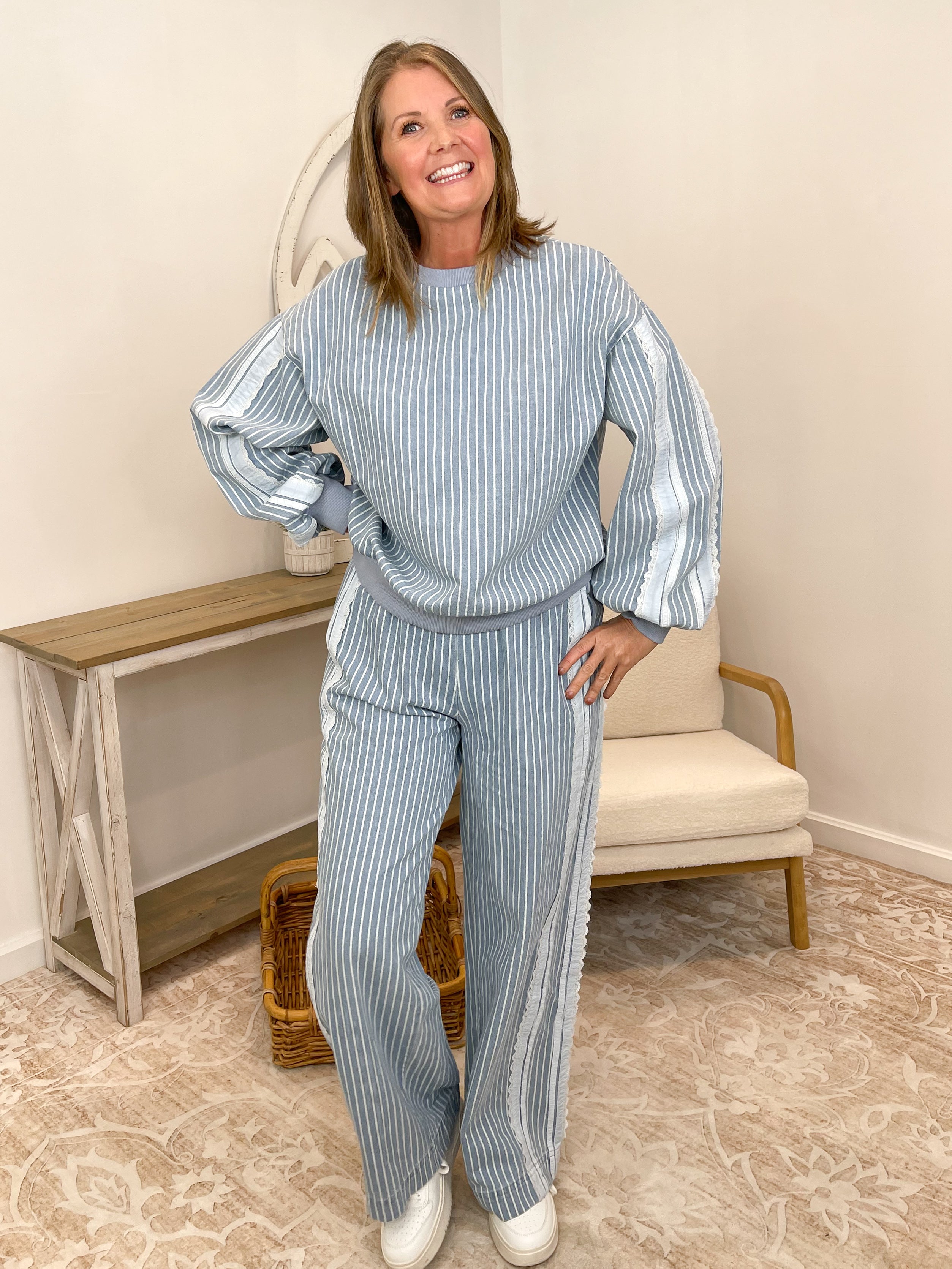 Pinstripe Lace Trim Denim-Blue Wide-Leg Pants