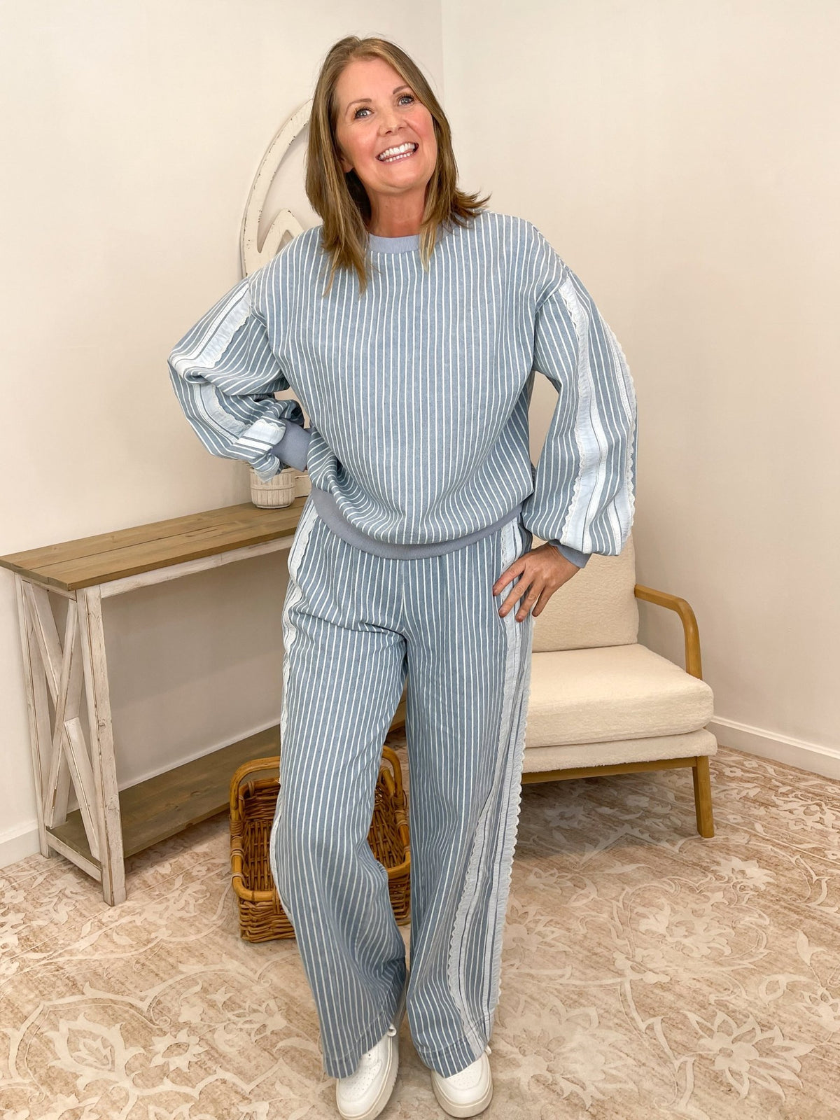 Pinstripe Lace Trim Denim-Blue Wide-Leg Pants - Lavender HillsBibiIB1806G-07-S