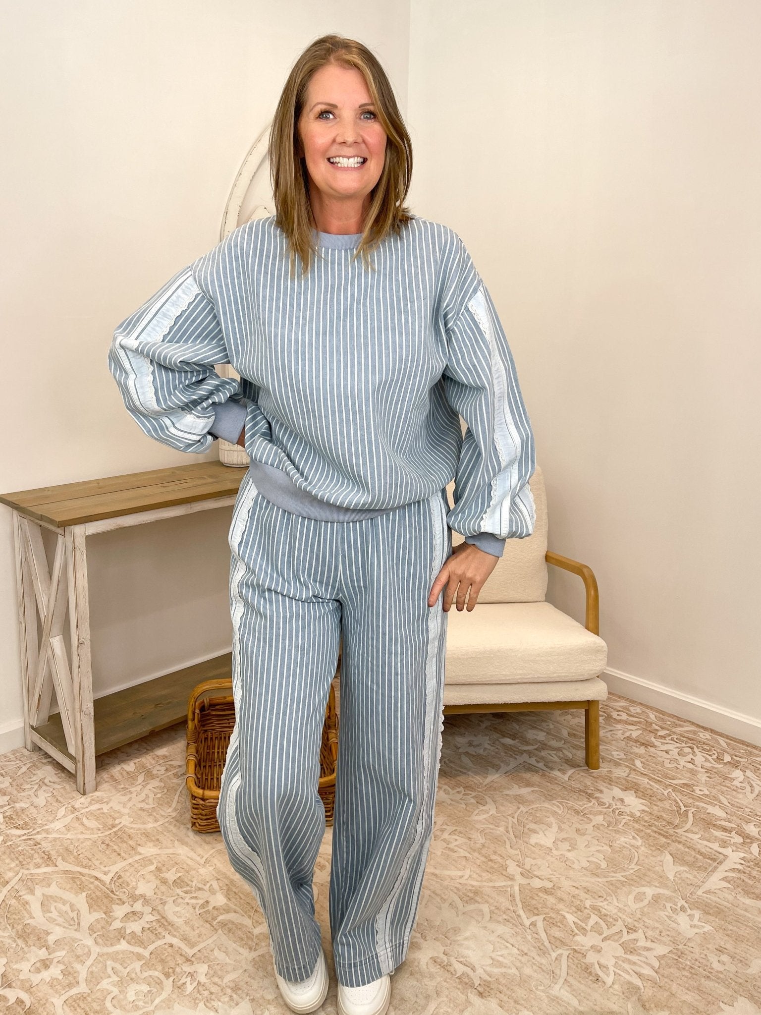 Pinstripe Lace Trim Denim-Blue Wide-Leg Pants - Lavender HillsBibiIB1806G-07-S
