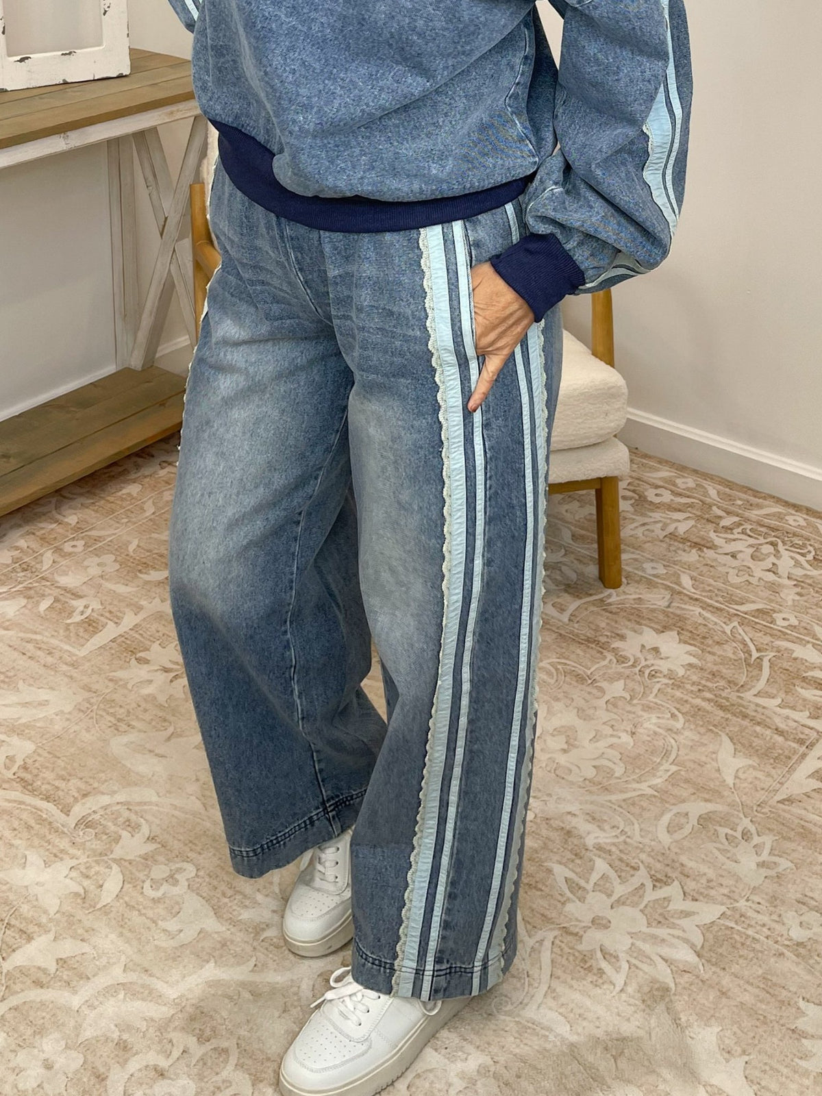 Vintage Washed Denim Lace Detail Wide-Leg Pants - Lavender HillsBibiIB1806G-06-S