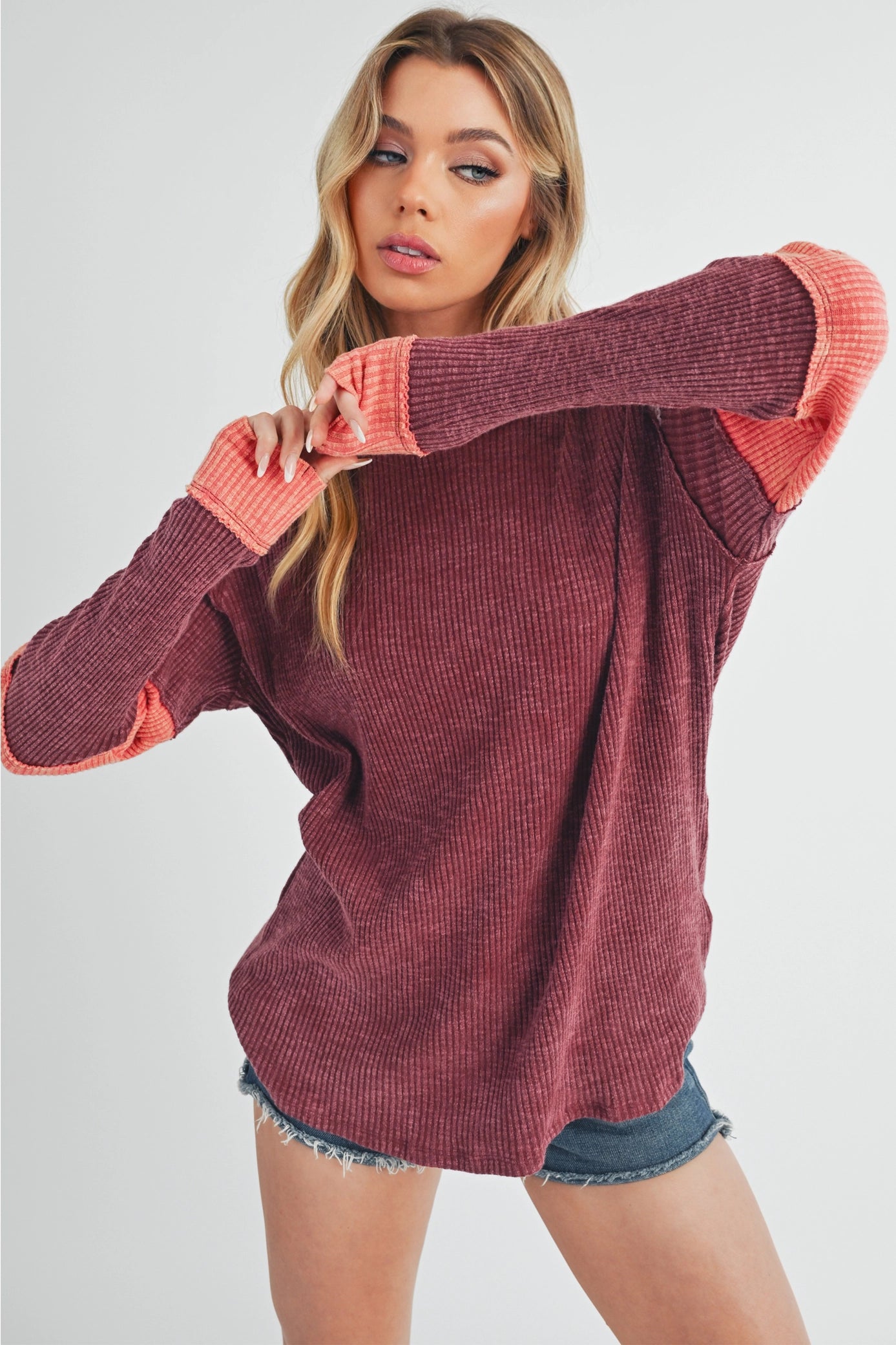Blush & Brick Colorblock Long Sleeve Pullover Top - Lavender Hills BeautyAMEI & CO8327EK - BUR - S