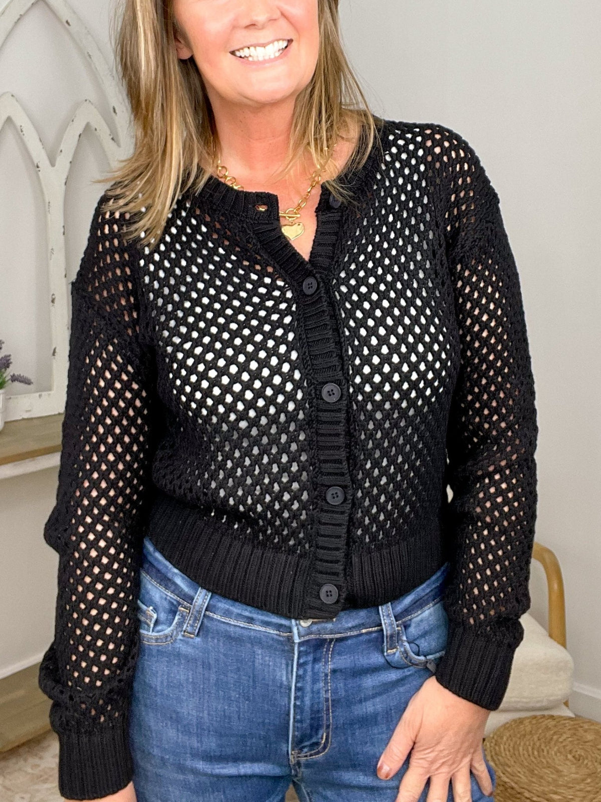 Boho Cropped Crochet Cardigan Sweater - Black - Lavender HillsZenanaTW-2564Y-BLK-S