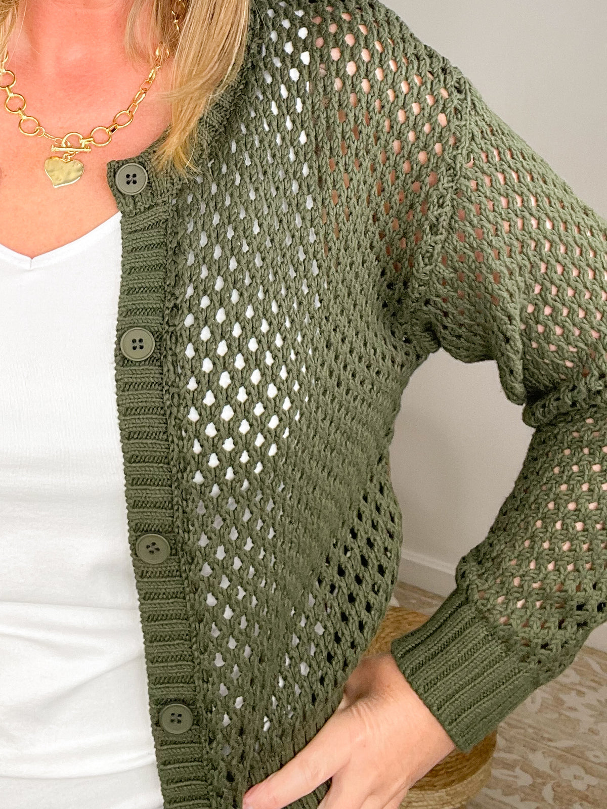 Boho Cropped Crochet Cardigan Sweater - Olive