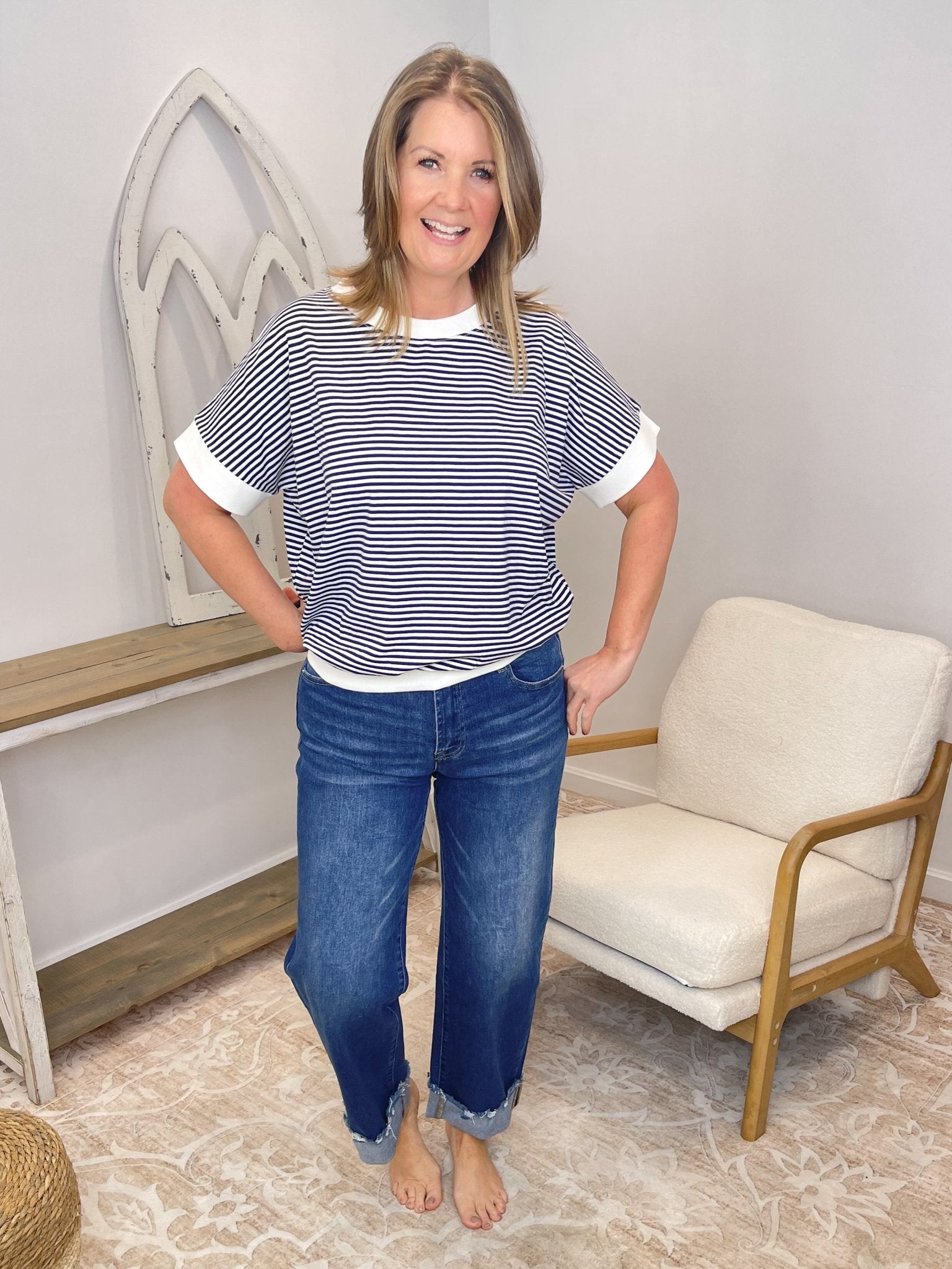 Cabana Stripe Contrast Trim Top - Lavender Hills BeautyZenanaCT-3571Y-HPNK-S