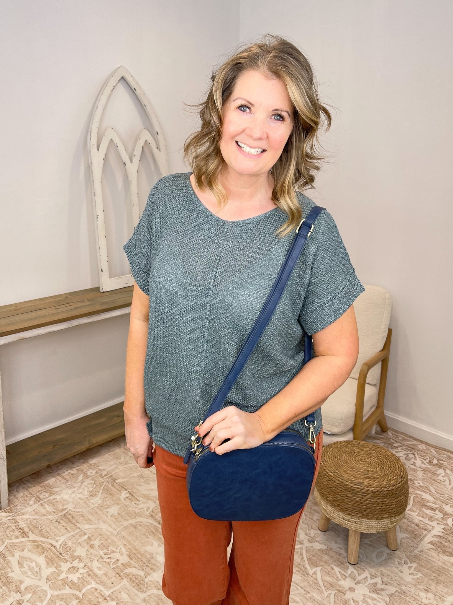 Centerline Short Sleeve Knit Sweater - Lavender Hills BeautyZenanaTW-2498Y-CRM-S