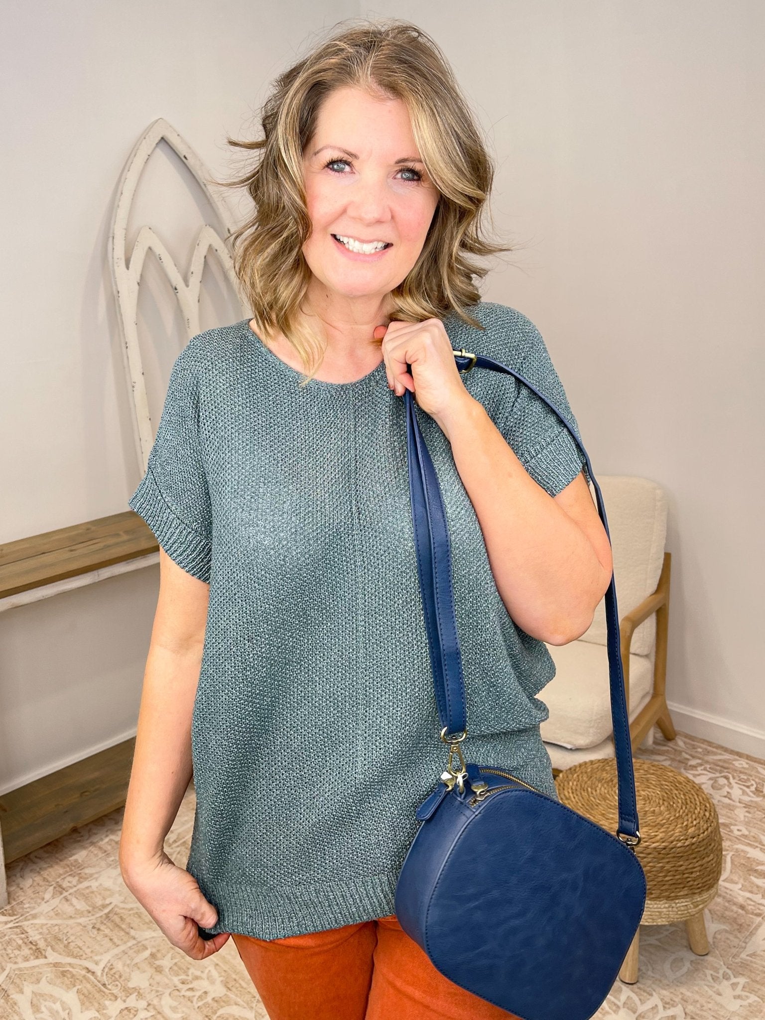 Centerline Short Sleeve Knit Sweater - Lavender Hills BeautyZenanaTW-2498Y-CRM-S