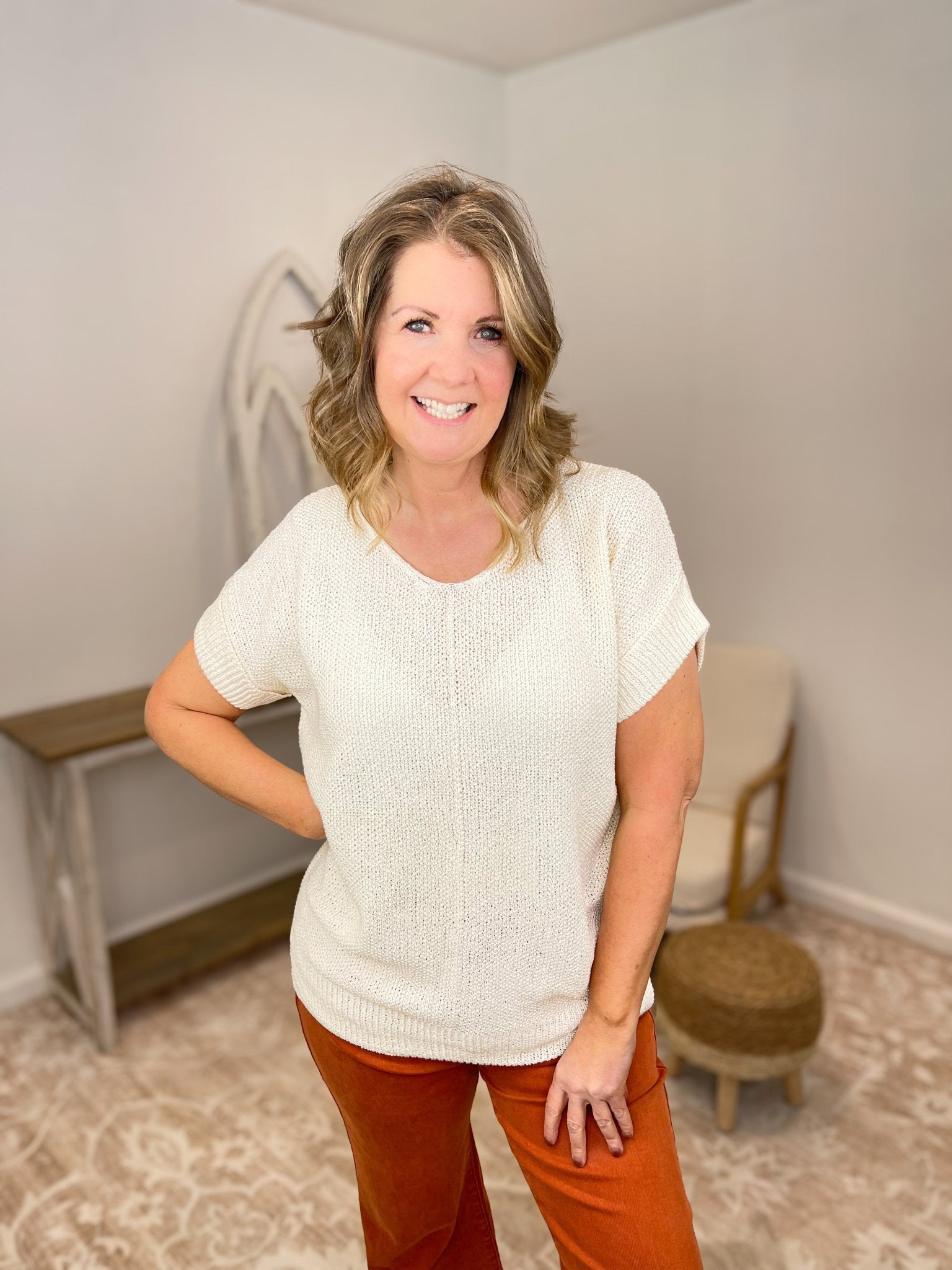 Centerline Short Sleeve Knit Sweater - Lavender Hills BeautyZenanaTW-2498Y-CRM-S