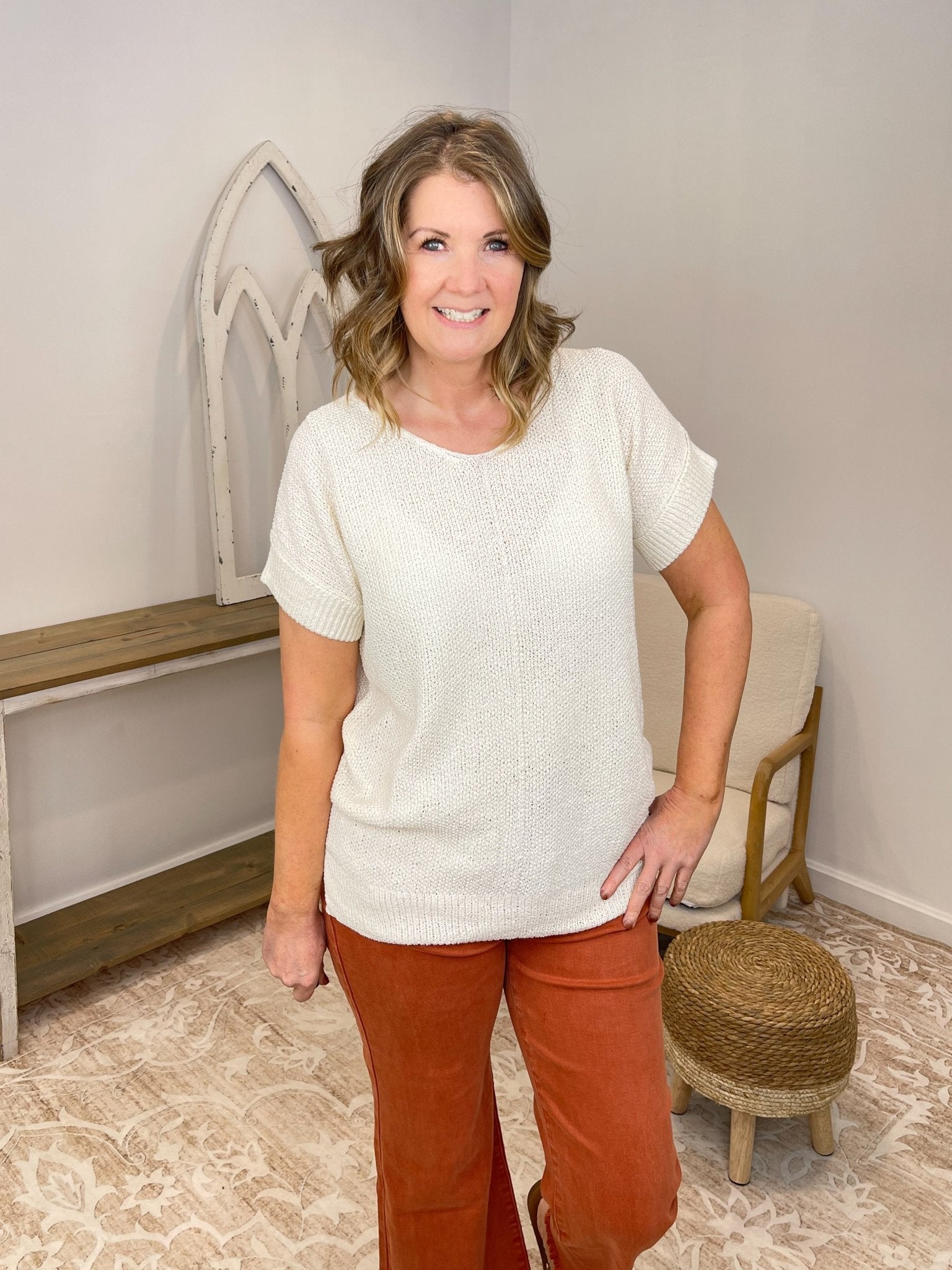 Centerline Short Sleeve Knit Sweater - Lavender Hills BeautyZenanaTW-2498Y-CRM-S