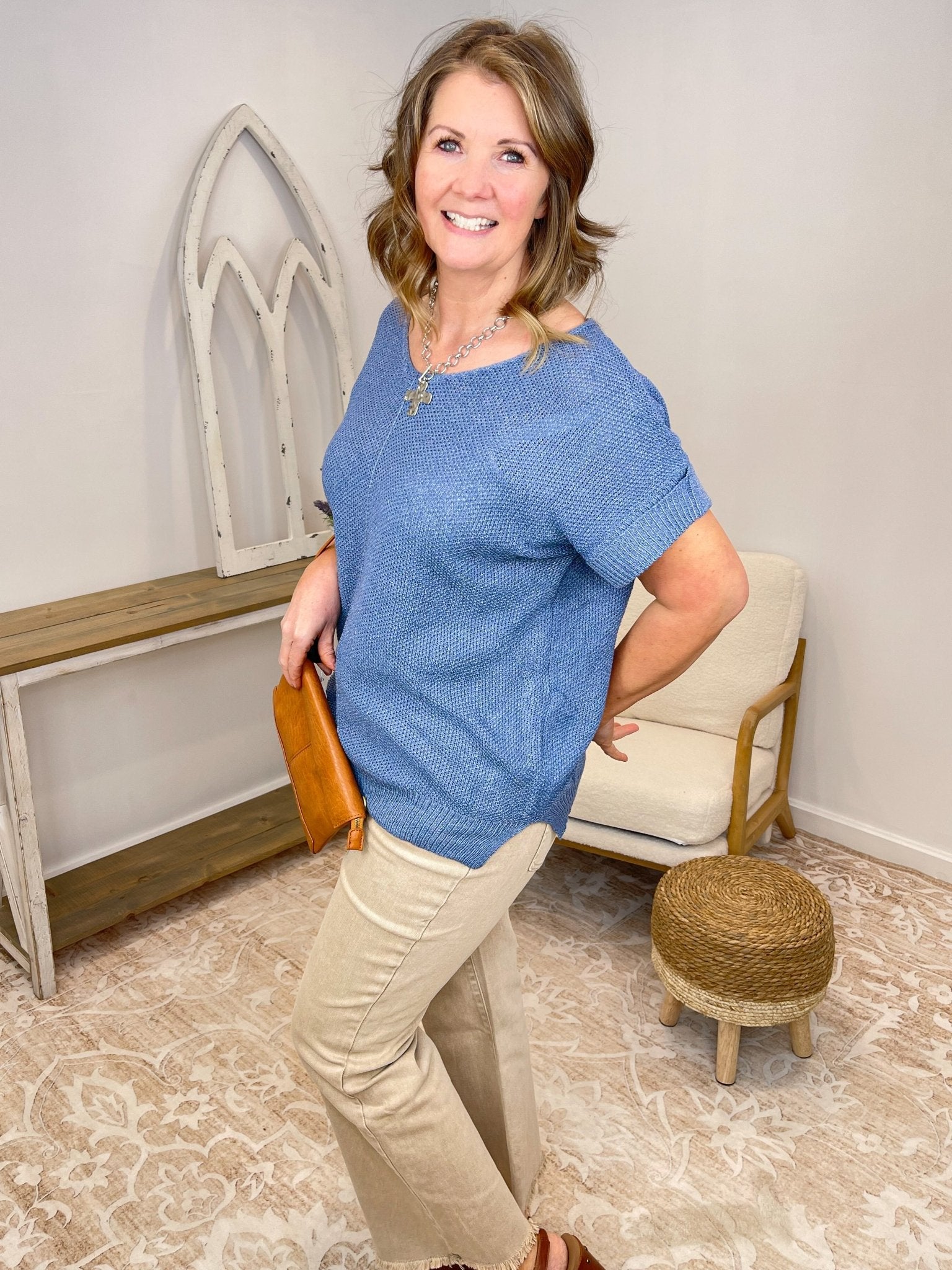 Centerline Short Sleeve Knit Sweater - Lavender Hills BeautyZenanaTW-2498Y-CRM-S