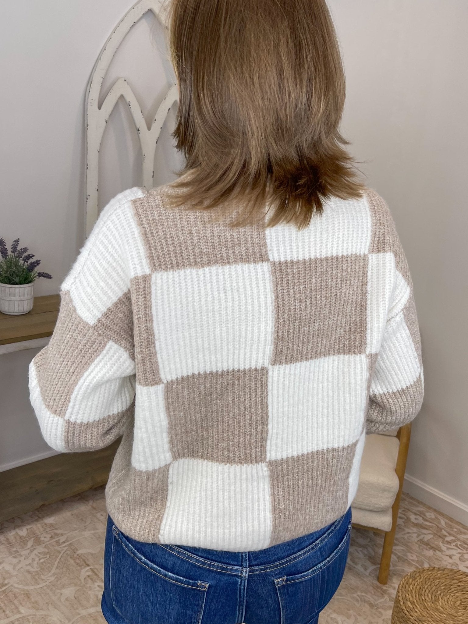 Checker Relaxed Fit Cropped Knit Sweater - Lavender HillsSweet Lovely by JenSW1619-MCA-S