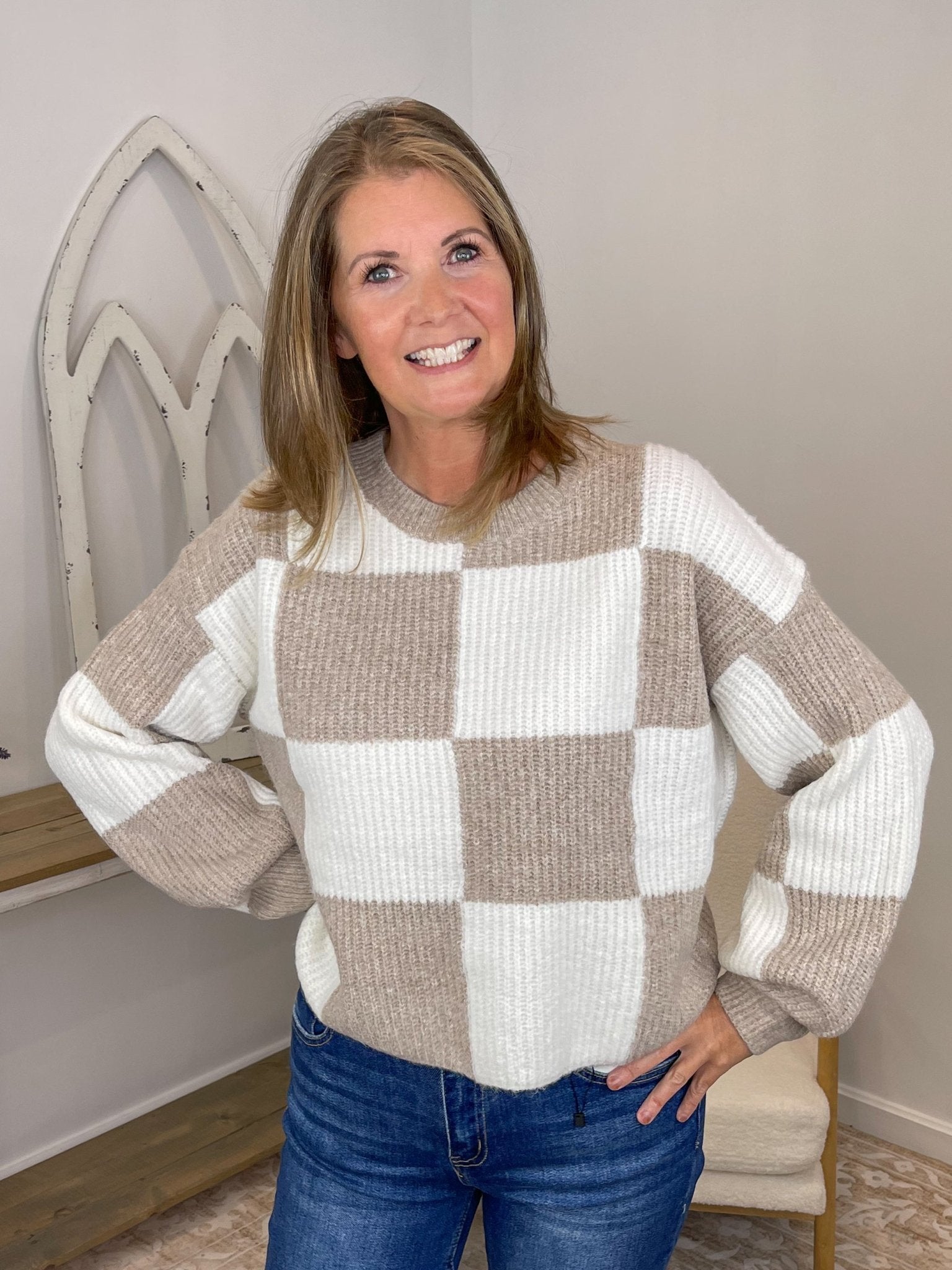 Checker Relaxed Fit Cropped Knit Sweater - Lavender HillsSweet Lovely by JenSW1619-MCA-S