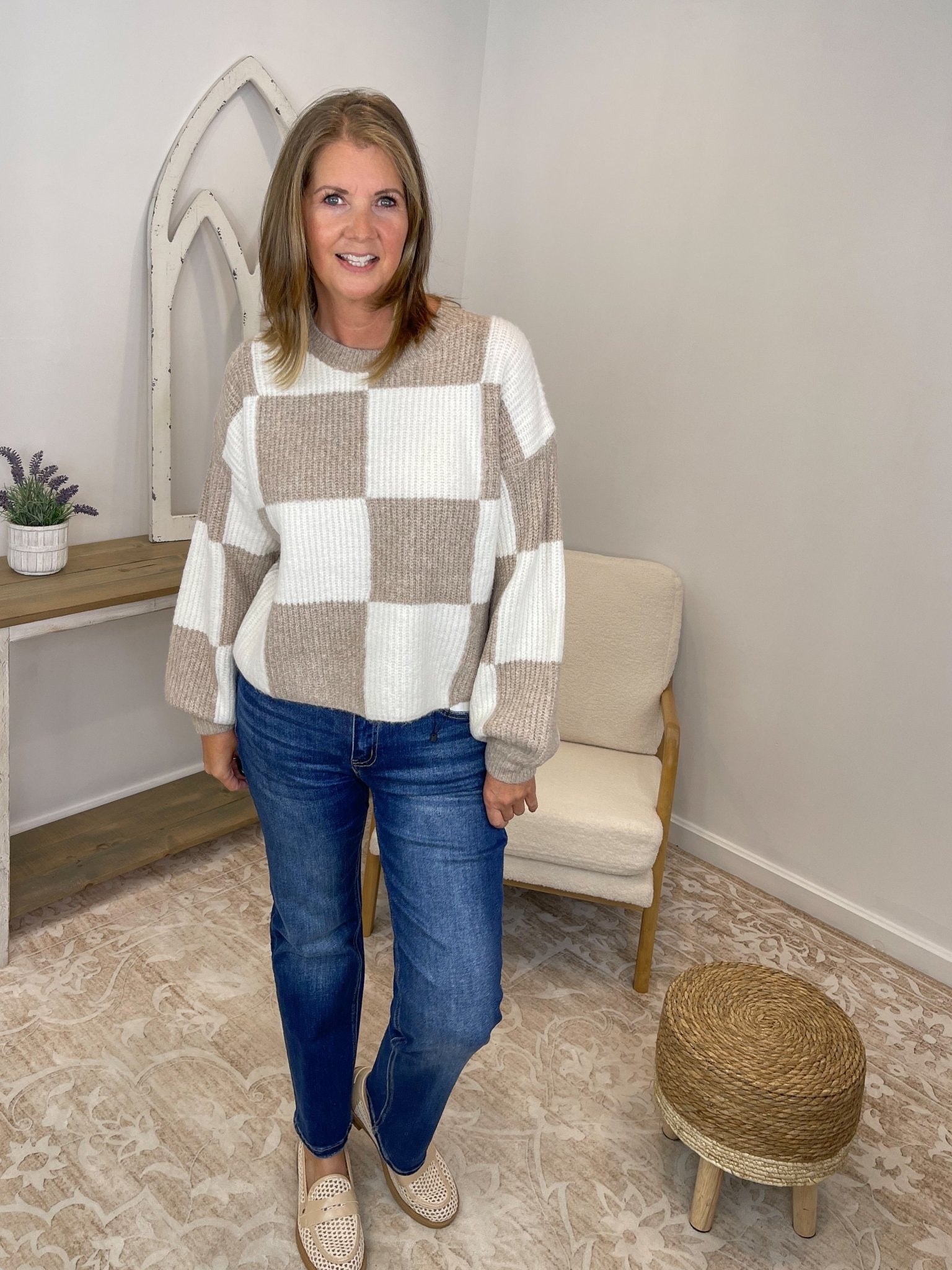 Checker Relaxed Fit Cropped Knit Sweater - Lavender HillsSweet Lovely by JenSW1619-MCA-S