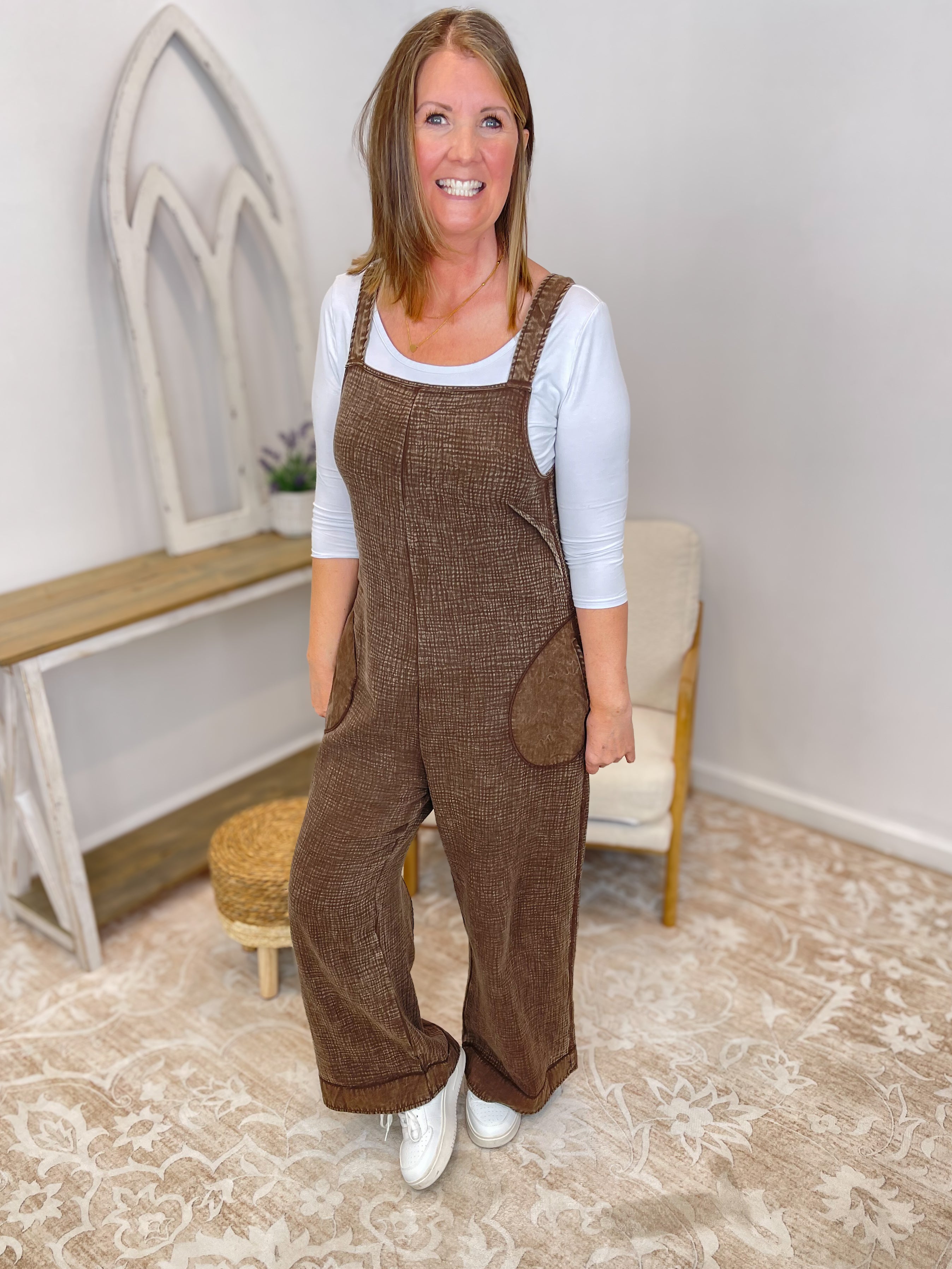 Chocolate Washed Double Gauze Wide-Leg Overalls