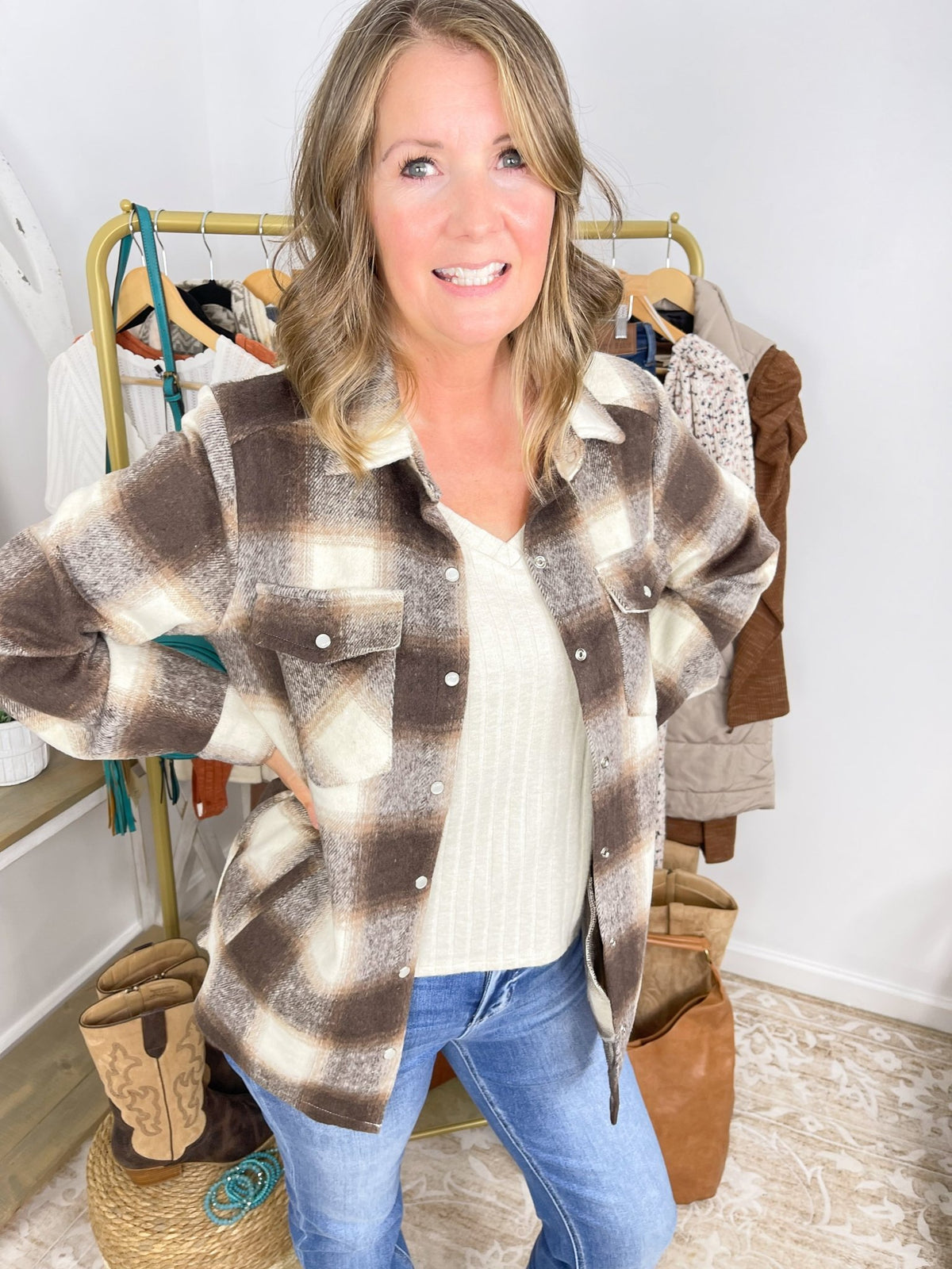Ciderwood Button Down Flannel Shacket with Pockets - Lavender HillsBluivyK02559-S
