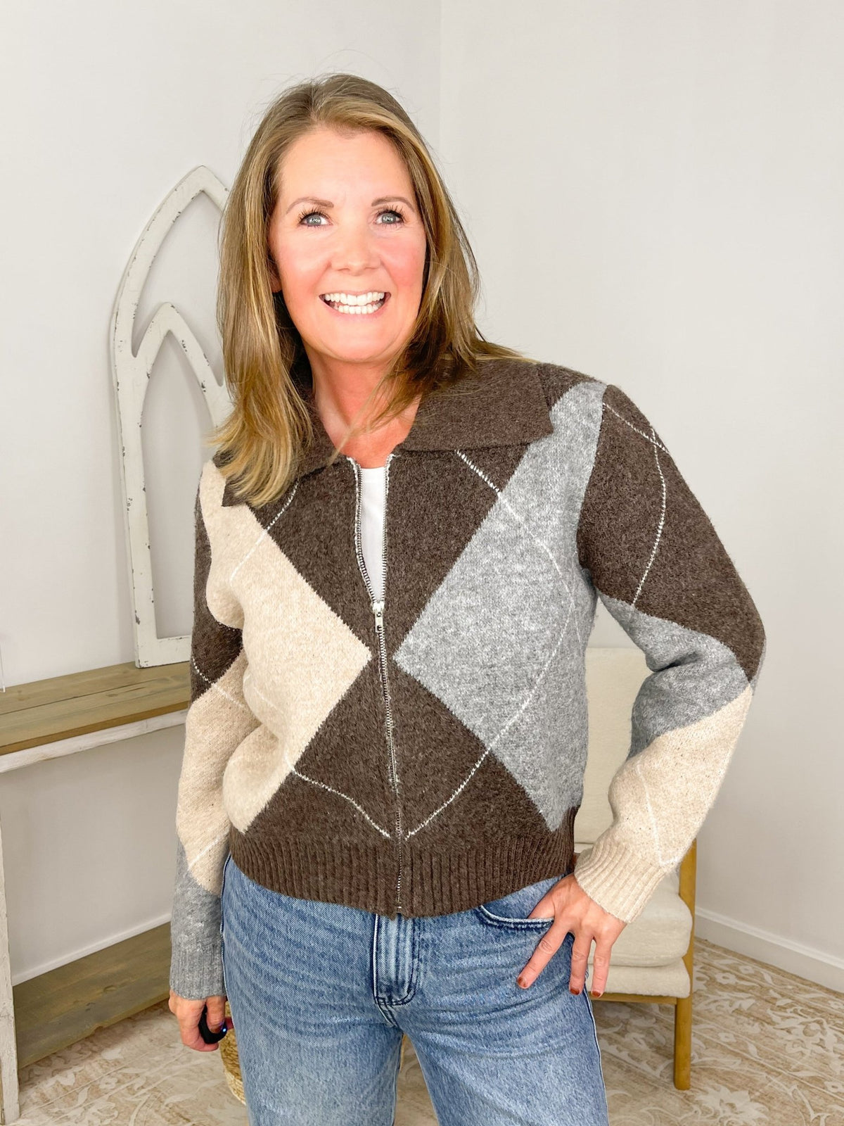 Classic Argyle Zip-Up Knit Cardigan – Earth Tones - Lavender HillsSweet Lovely by JenSW1439-S