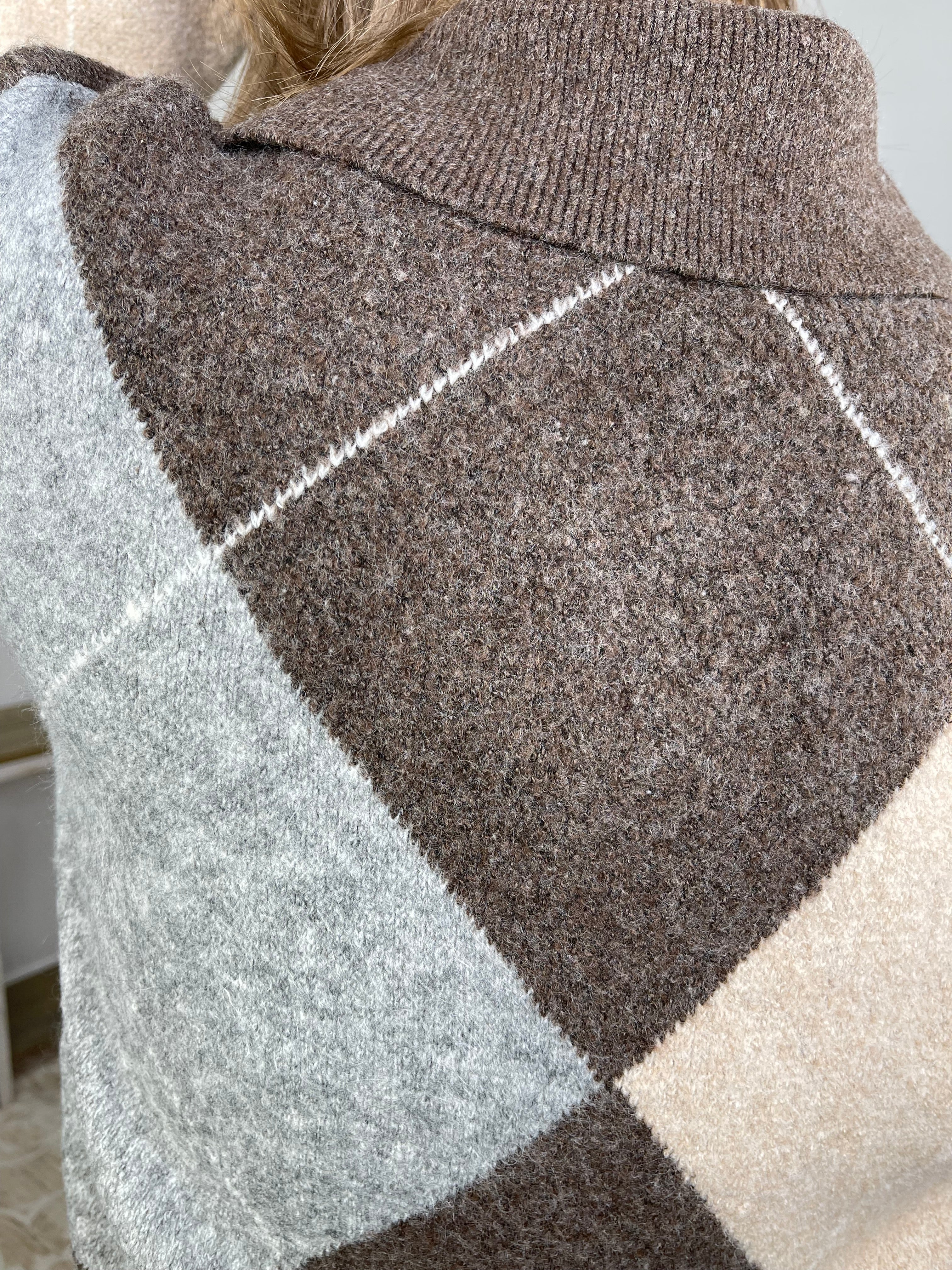 Classic Argyle Zip-Up Knit Cardigan – Earth Tones