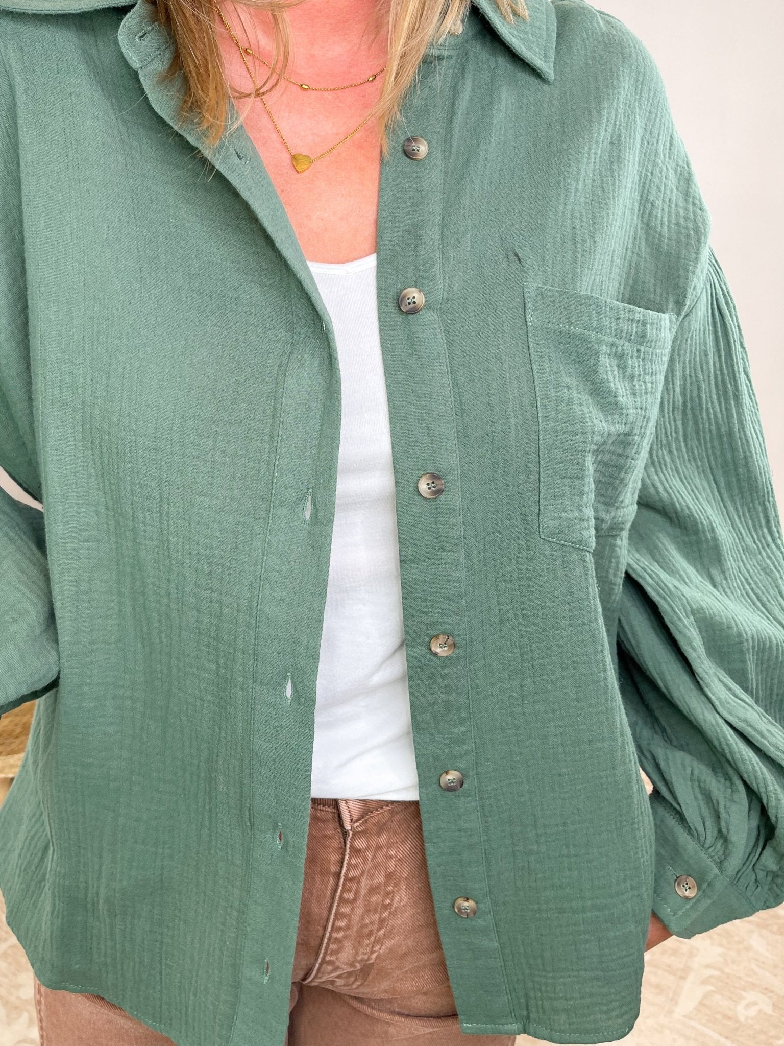 Cotton Gauze Button Down Puff Sleeve Shirt - Lavender HillsEntroT21133-BLK-S