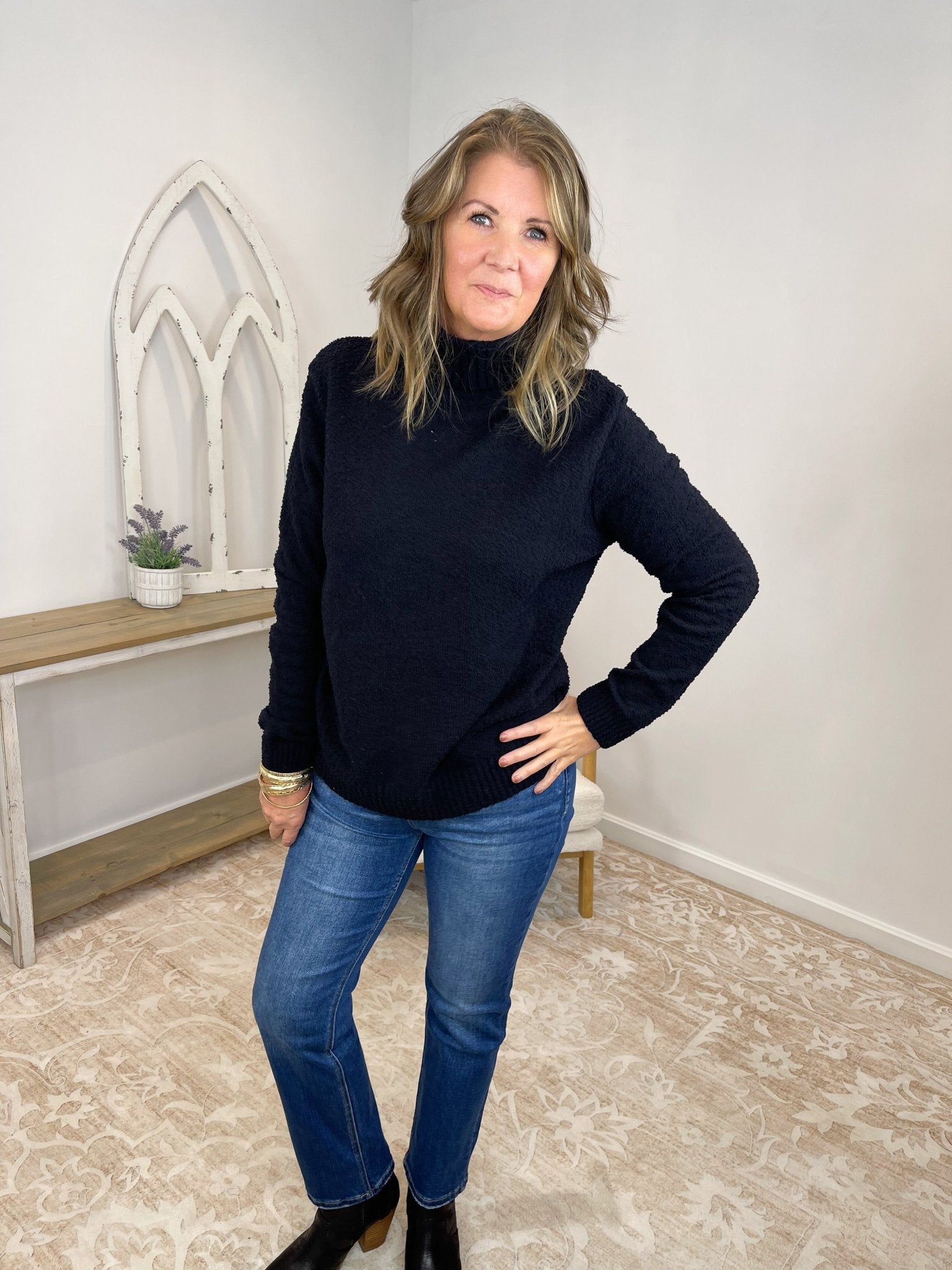 Cozy Plush Popcorn Knit Turtleneck Sweater - Black - Lavender HillsZenanaTW-2497-BLK-S