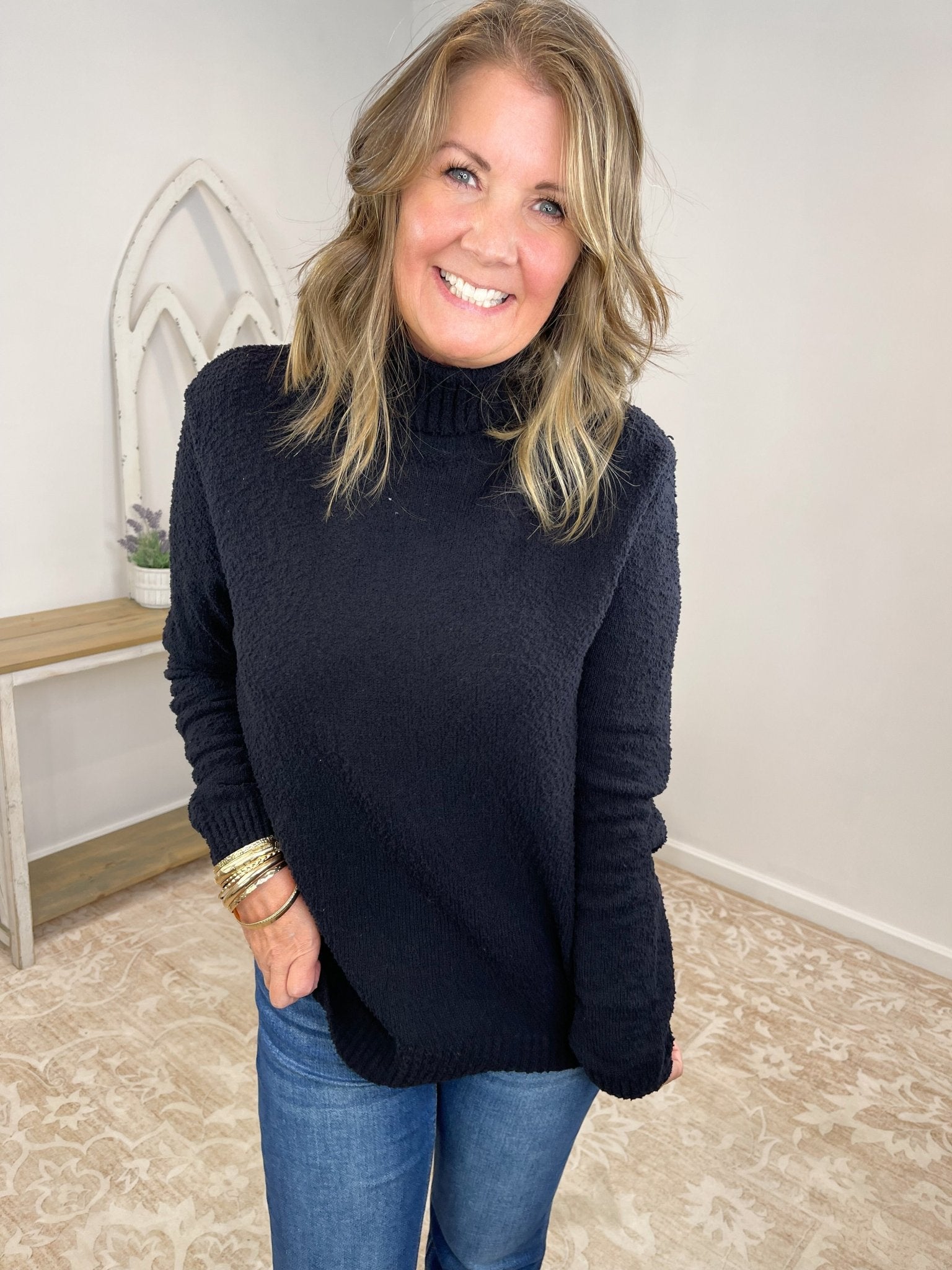 Cozy Plush Popcorn Knit Turtleneck Sweater - Black - Lavender HillsZenanaTW-2497-BLK-S
