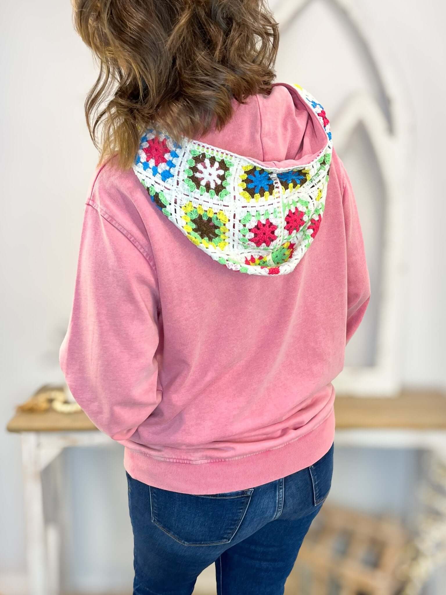 Back view of Crochet Vintage Wash Pullover Hoodie in Strawberry showing relaxed fit and cozy hood