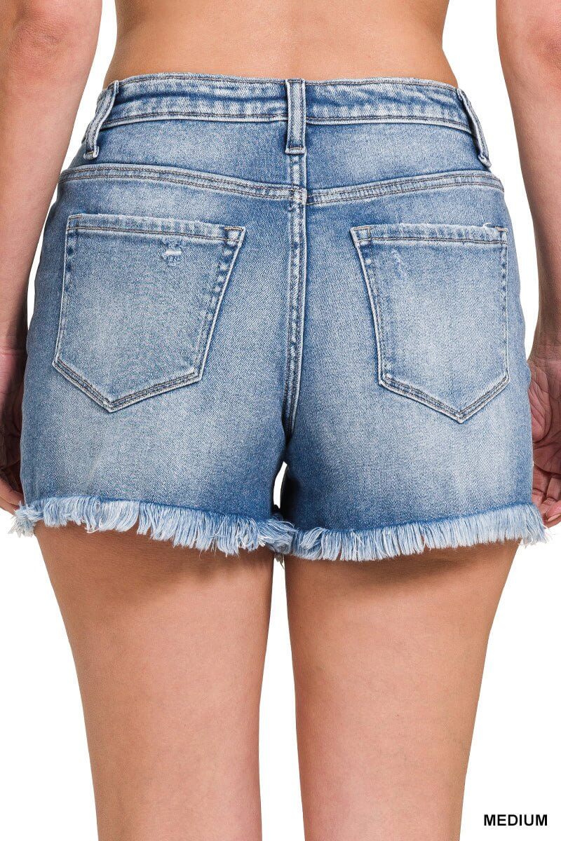 River Drift Raw Hem Mid-Rise Shorts - Lavender Hills BeautyZenanaDTP-1791