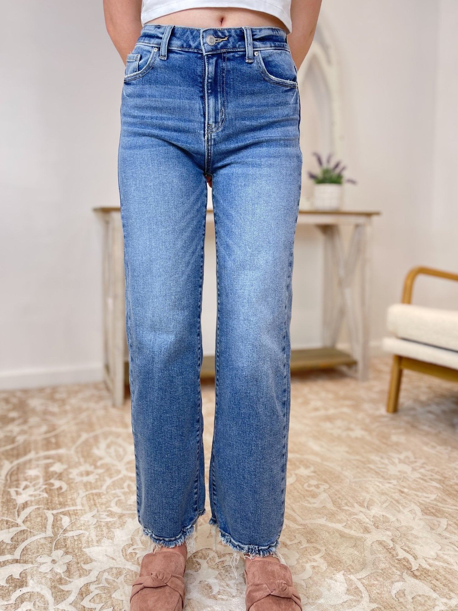Metro High Rise Frayed Straight Leg Jeans - Lavender Hills BeautyZenanaDTP-9611MM-25