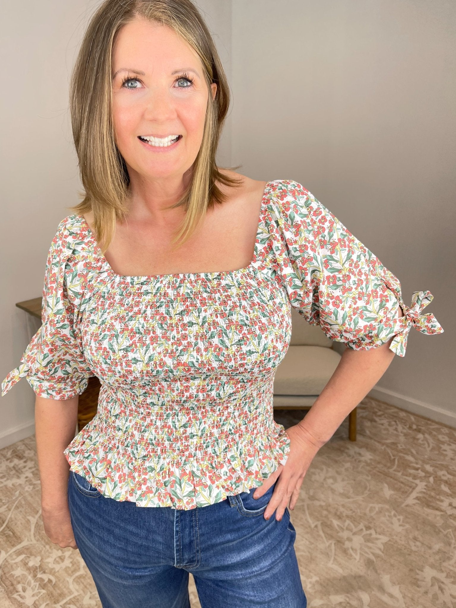 Ditsy Floral Smocked Puff Sleeve Top - Lavender HillsEaselET20264-WHTGDN-S