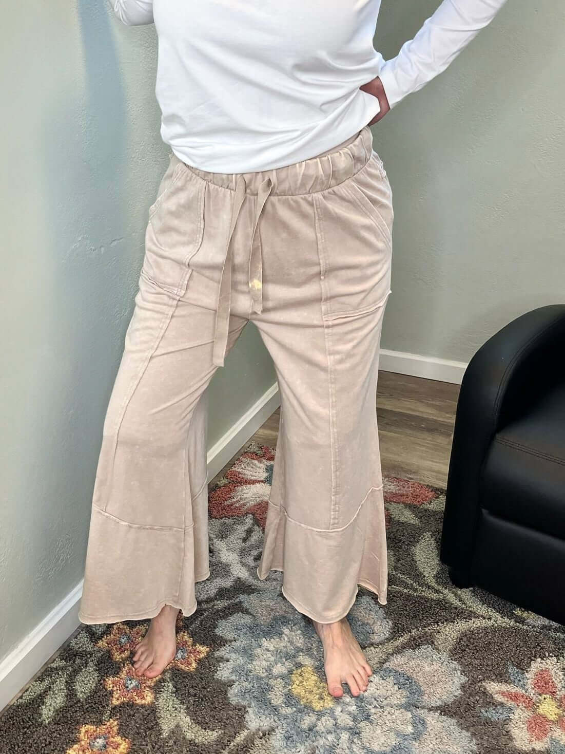 Easy Days Cropped Mineral Wash Wide Leg Flared Lounge Pants - Lavender Hills BeautyZenanaTPW - 5253Y - ASHMOC - S