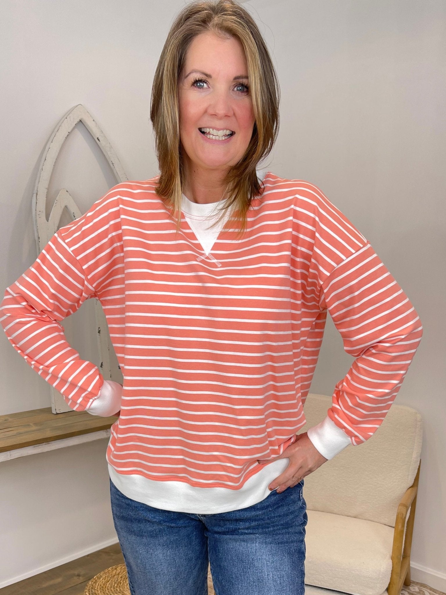 Effortless Striped Pullover Sweatshirt - Lavender Hills BeautyZenanaCT-3557Y-CRL-S