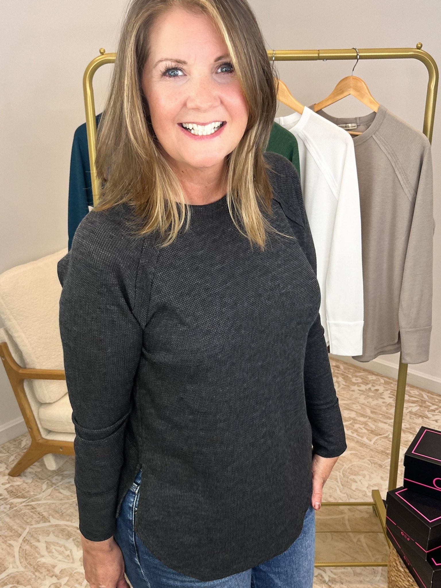 Everyday Waffle Raglan Long Sleeve Top Shirt - Lavender Hills BeautyZenanaJT - 7542M8 - TEL - S