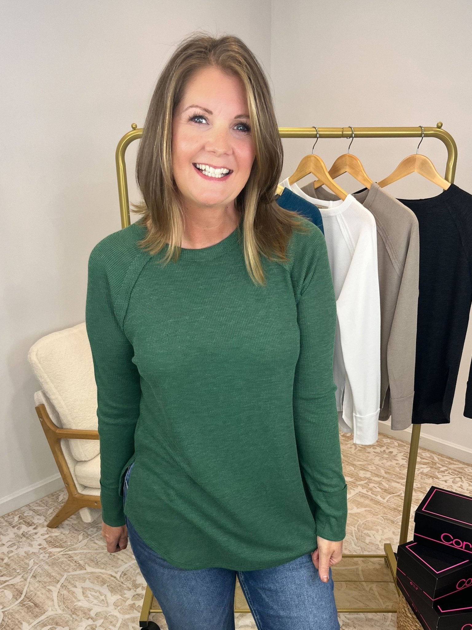 Everyday Waffle Raglan Long Sleeve Top Shirt - Lavender Hills BeautyZenanaJT - 7542M8 - TEL - S