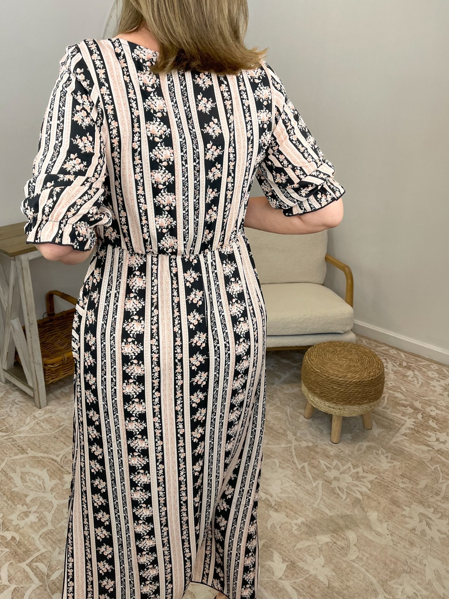 Floral Stripe Lightweight Puff-Sleeve Maxi Dress with Pockets - Lavender HillsHailey & CoHD1975-S