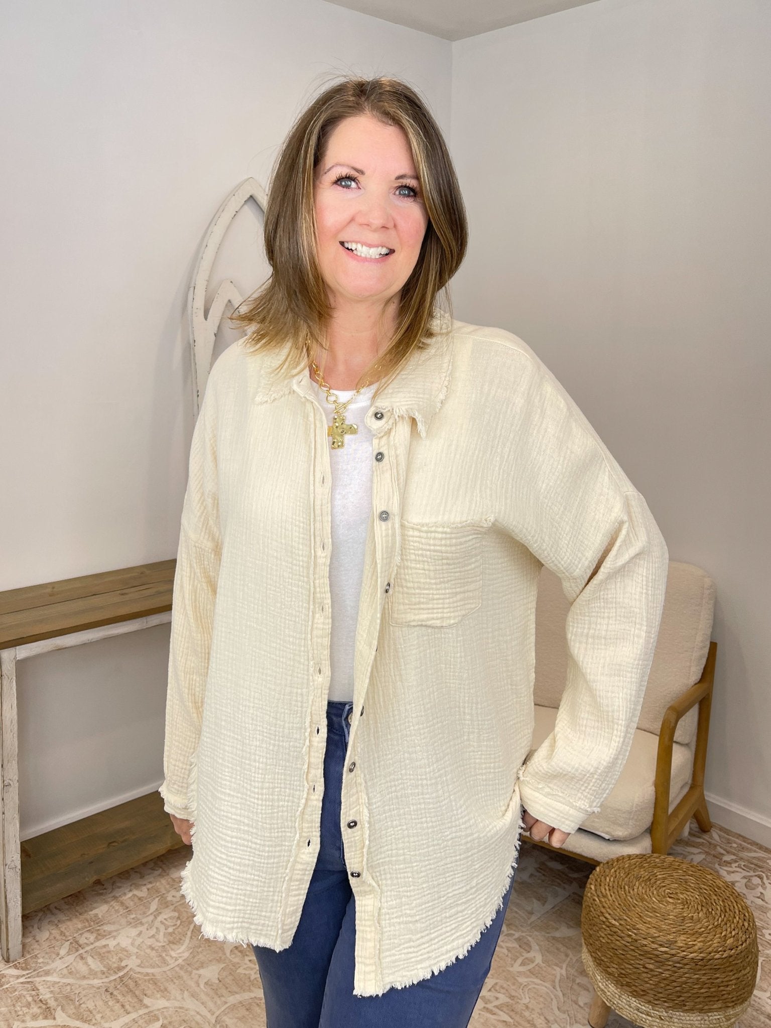 Gauze Button Down Long Sleeve Top - Light Beige - Lavender Hills BeautyZenanaQT-1271D4