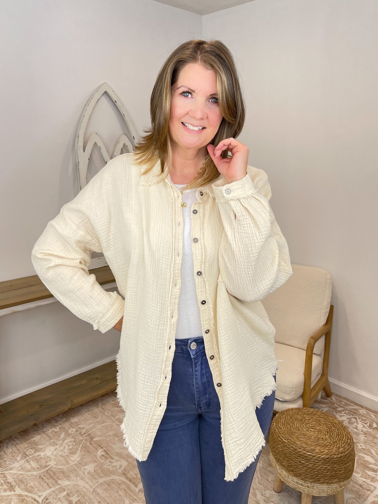 Gauze Button Down Long Sleeve Top - Light Beige - Lavender Hills BeautyZenanaQT-1271D4